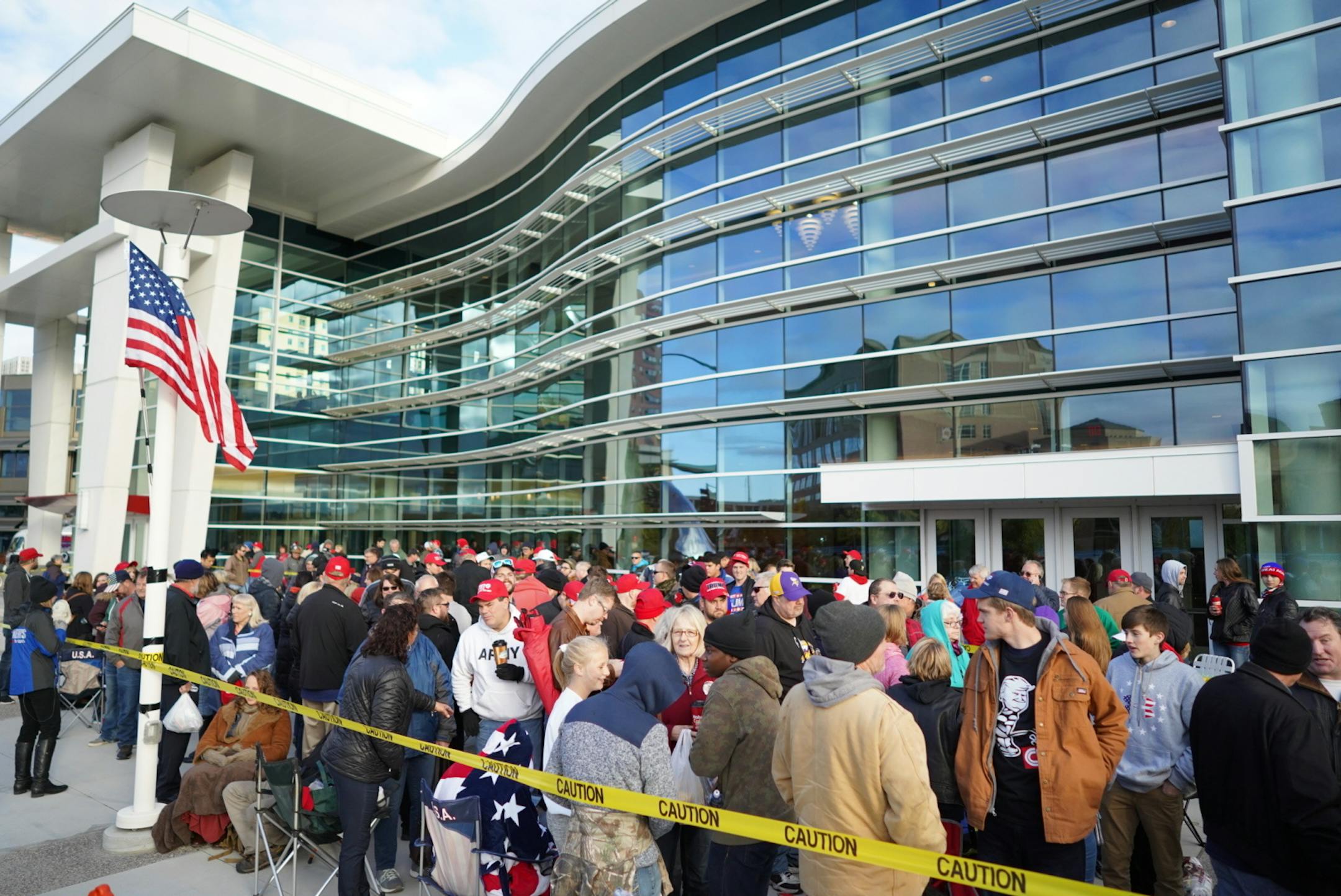 People lined up overnight outside the Mayo Civic Center in Rochester Thursday to see President Trump speak at 6:30 p.m. after he attends a private fundraiser at a metro-area hotel.