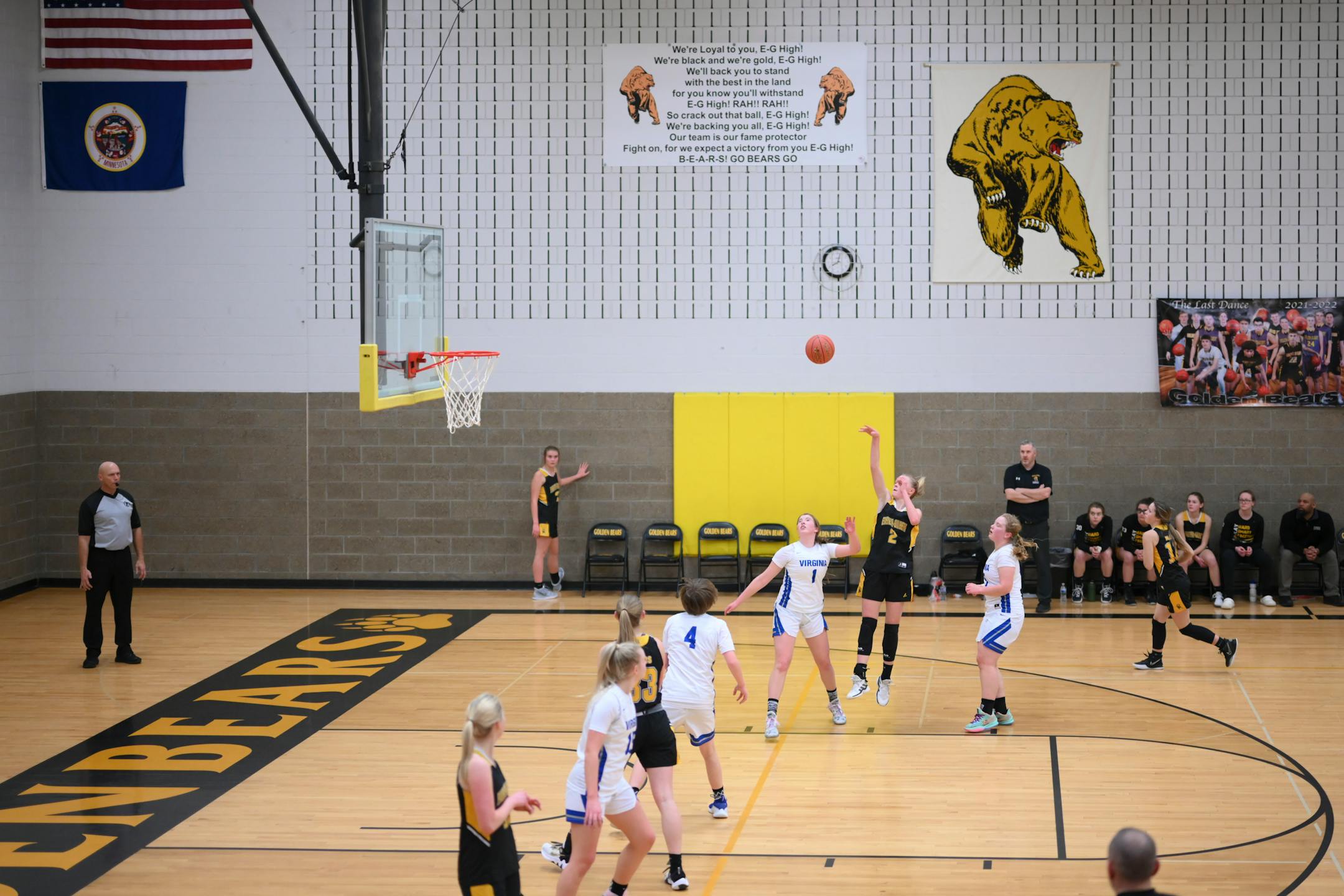 Eveleth-Gilbert's Anna Westby (2) scores a 2-point basket during a basketball game against Virginia Monday, Feb. 21, 2022 at Eveleth-Gilbert Senior High School in Eveleth, Minn. This was the last ever game between the two teams, which will consolidate into the new Rock Ridge district. There were three Westbys playing Monday night, Anna and her sister Joey, a graduating senior, play for Eveleth-Gilbert and their cousin, Macy, plays for Virginia. Anna and Macy will play together next year as part of the merger.