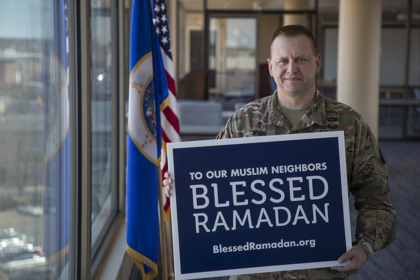 Chaplain (Rev) Buddy Winn, of the MN National Guard held a "Blessed Ramadan'' lawn signs, which created by the Minnesota Council of Churches three years ago Wednesday ,April 25 2018 in St. Paul, MN.] JERRY HOLT &#xef; jerry.holt@startribune.com