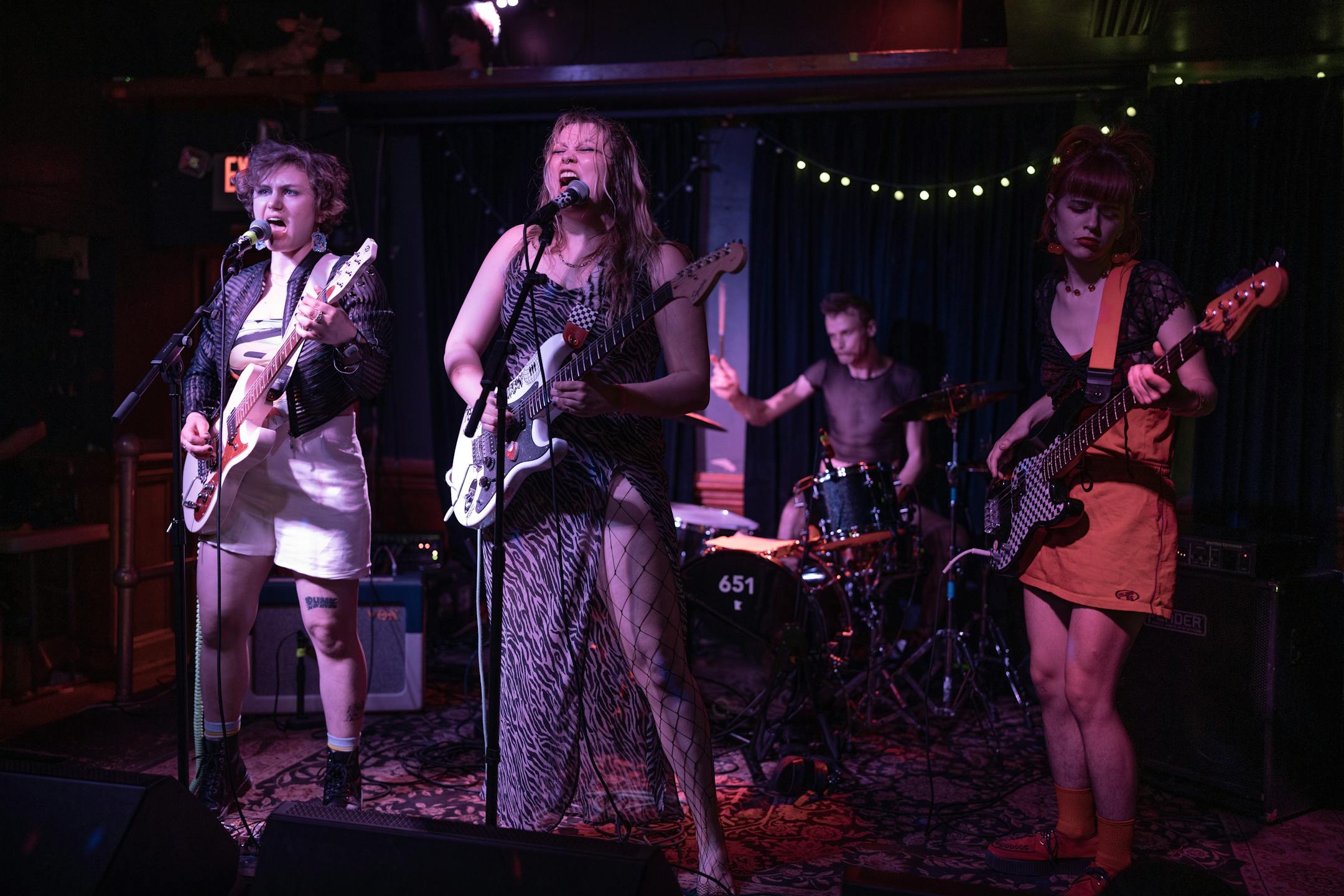 Eloise Boigenzahn, Medbh McNamara, Peter Korhonen, and Lou Levy of Surly Grrly performing during the first show of their Pride Month residency at Mortimer's in Minneapolis Wednesday night, June 7, 2023. Minneapolis power-punk trio Surly Grrly is leading the "It Smells Like Queer in Here" residency series at Mortimer's in June with fellow queer punk groups, part of a long string of shows by these rowdy and fun envelope-pushers. ] JEFF WHEELER • jeff.wheeler@startribune.com
