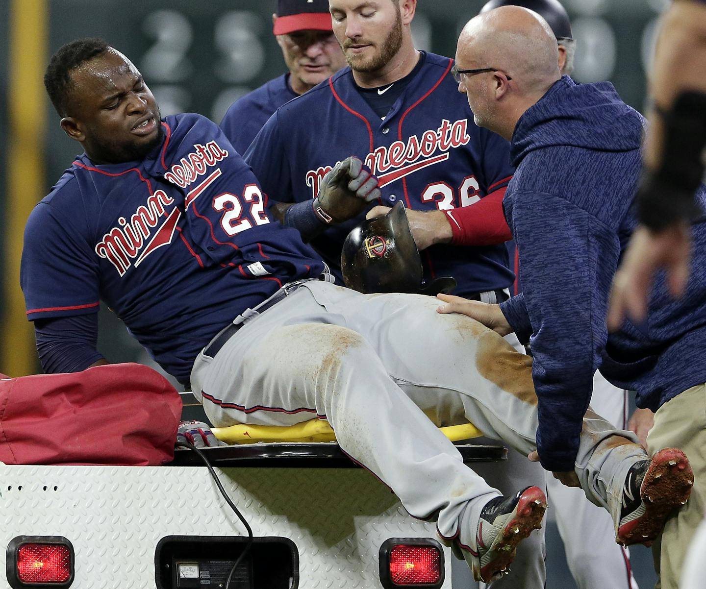 Miguel Sano grimaced as he was helped onto a cart last week after injuring his left leg sliding into second base. Sano hasn't played since.