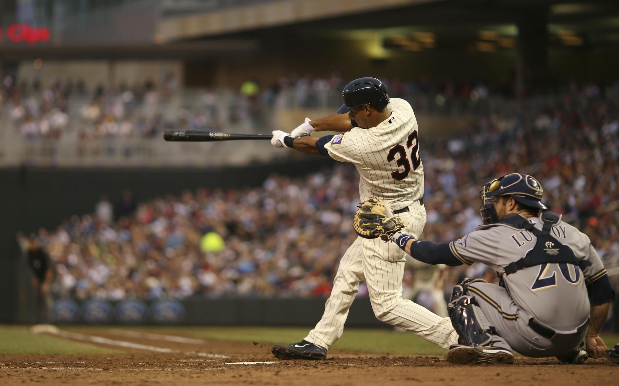 The Minnesota Twins began a home stand against the National League Milwaukee Brewers Wednesday night, May 29, 2013, at Target Field in Minneapolis. The Twins' Aaron Hicks followed through on his fourth inning home run to deep center.