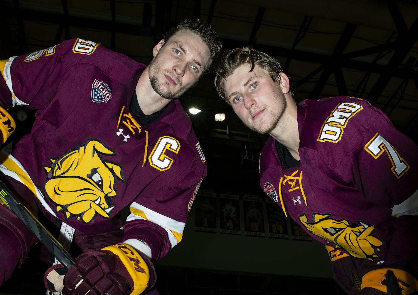 UMD coach Scott Sandelin split defensemen Nick Wolff, left, and Scott Perunovich apart in an exhibition game and may stay with that: "Sometimes, you've just gotta try different things."