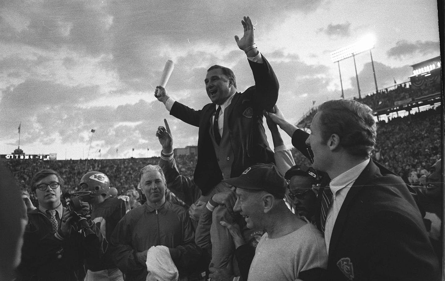 Kansas City Chiefs Coach Hank Stram is carried from the field, Jan. 11, 1970, in New Orleans, after his team defeated the Minnesota Vikings in Super Bowl IV. Stram has been with Kansas City since the league started in 1960. (AP Photo) ORG XMIT: NUX31