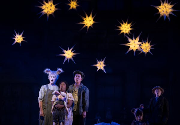 Jack Swanson as the titular character in "Edward Tulane" in a scene with Brian Vu as Bryce and Jasmine Habersham as Sarah Ruth in the first act during