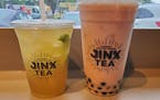 Drinks from Jinx Tea: Mojito (left) is made with Qilan Oolong tea, fresh mint and lime. Strawberry Dream bubble tea has black tea, cream, strawberry, 