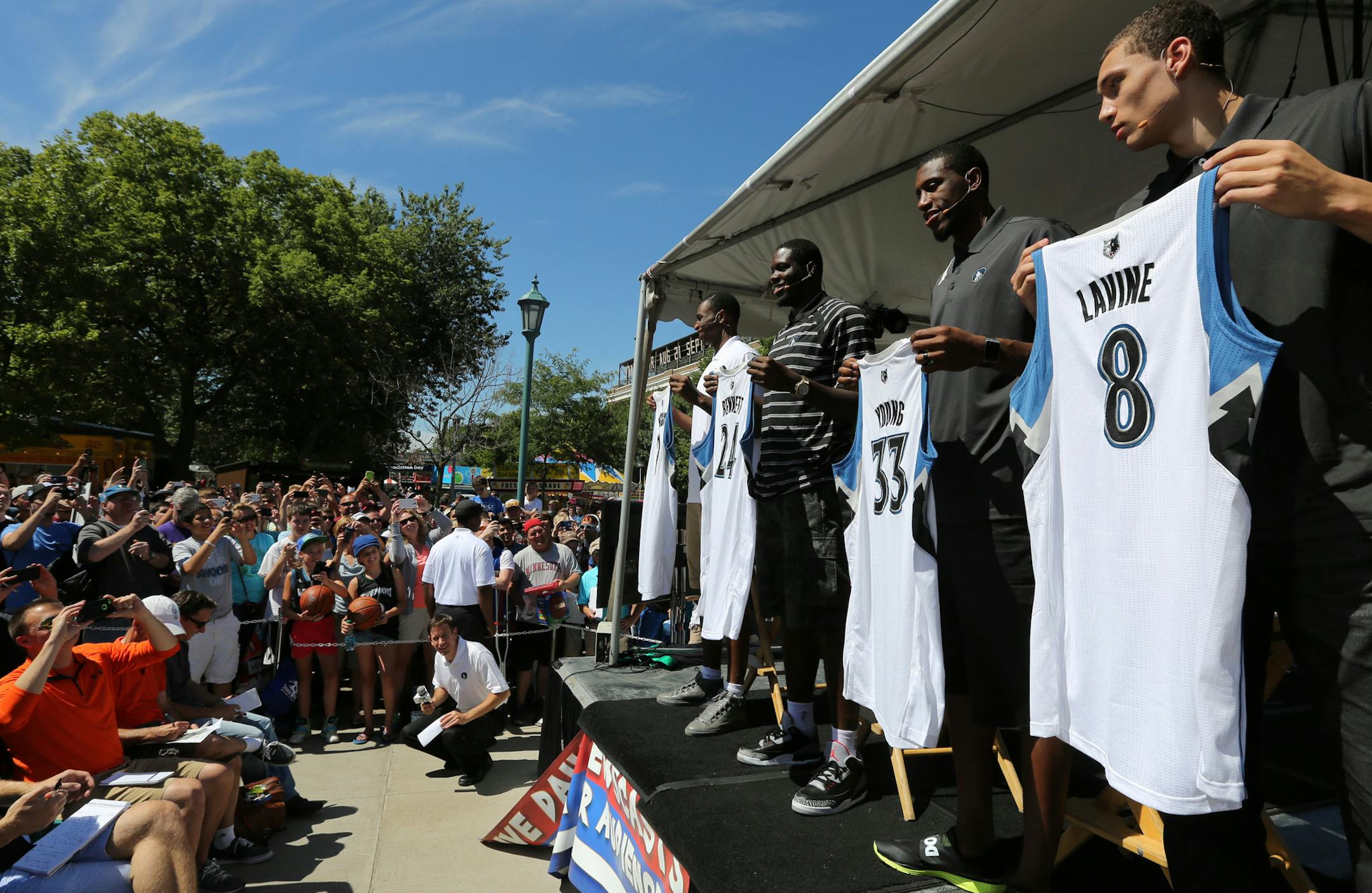 The Timberwolves introduced their new players Andrew Wiggins, Anthony Bennett, Thaddeus Young, Zach LaVine at a Press conference at the State Fair. ] BRIAN PETERSON ‚Ä¢ brian.peterson@startribune.com Falcon Heights, MN 08/26/14