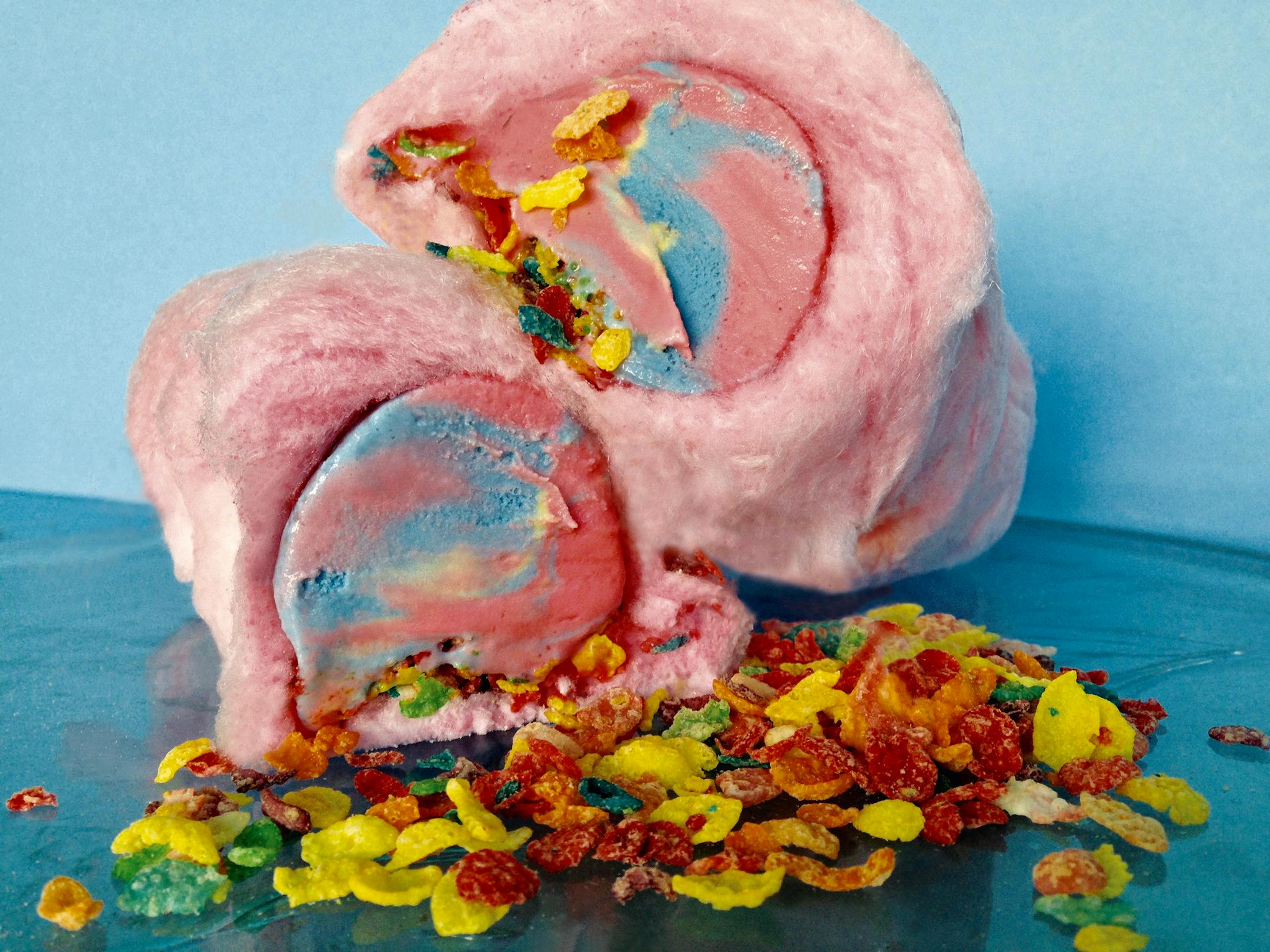 Rainbow Cloud Roll: Three scoops of ice cream sprinkled with fruity cereal and wrapped in a pillow of cotton candy. Hand-rolled on-site. Ice cream choices include Superman, vanilla, strawberry and chocolate. At Rainbow Ice Cream, located in the Grandstand, upper level, east section.