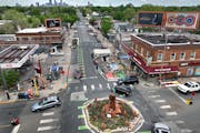 Aerial view of George Floyd Square, at 38th Street and Chicago Avenue in south Minneapolis.