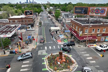 Aerial view of George Floyd Square, at 38th Street and Chicago Avenue in south Minneapolis.