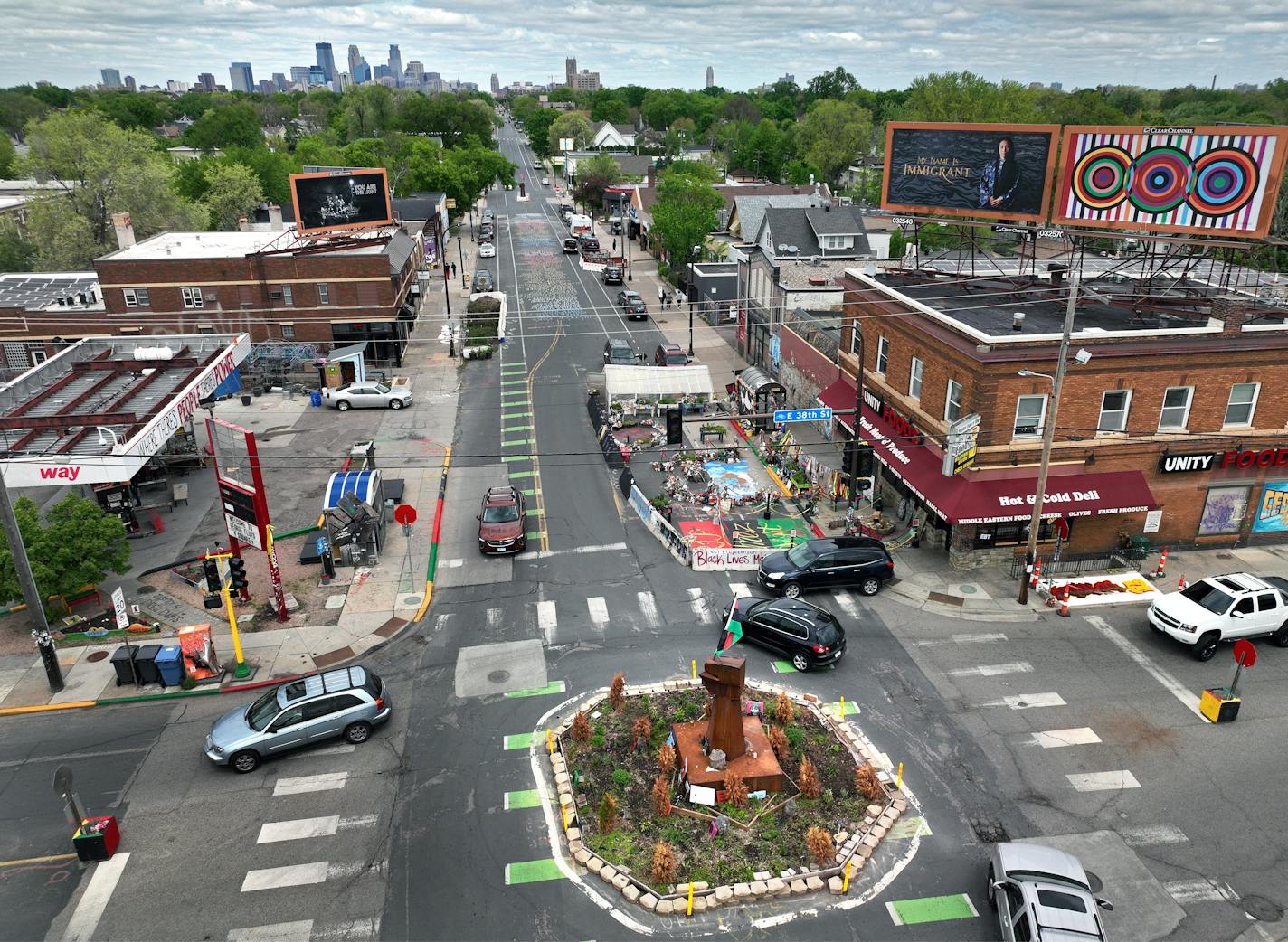 Aerial view of George Floyd Square, at 38th Street and Chicago Avenue in south Minneapolis.