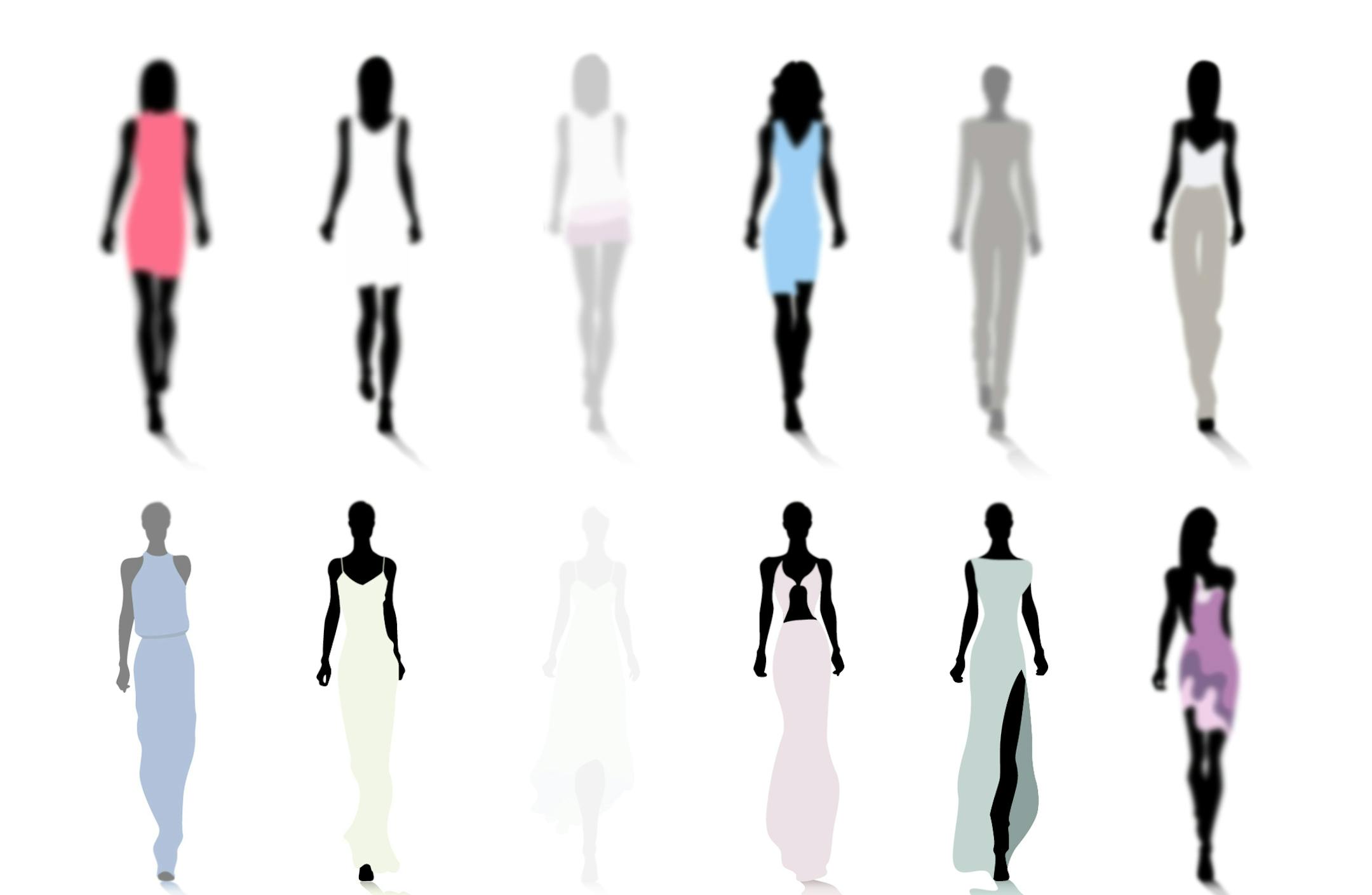 Set of female fashion silhouettes on the runway