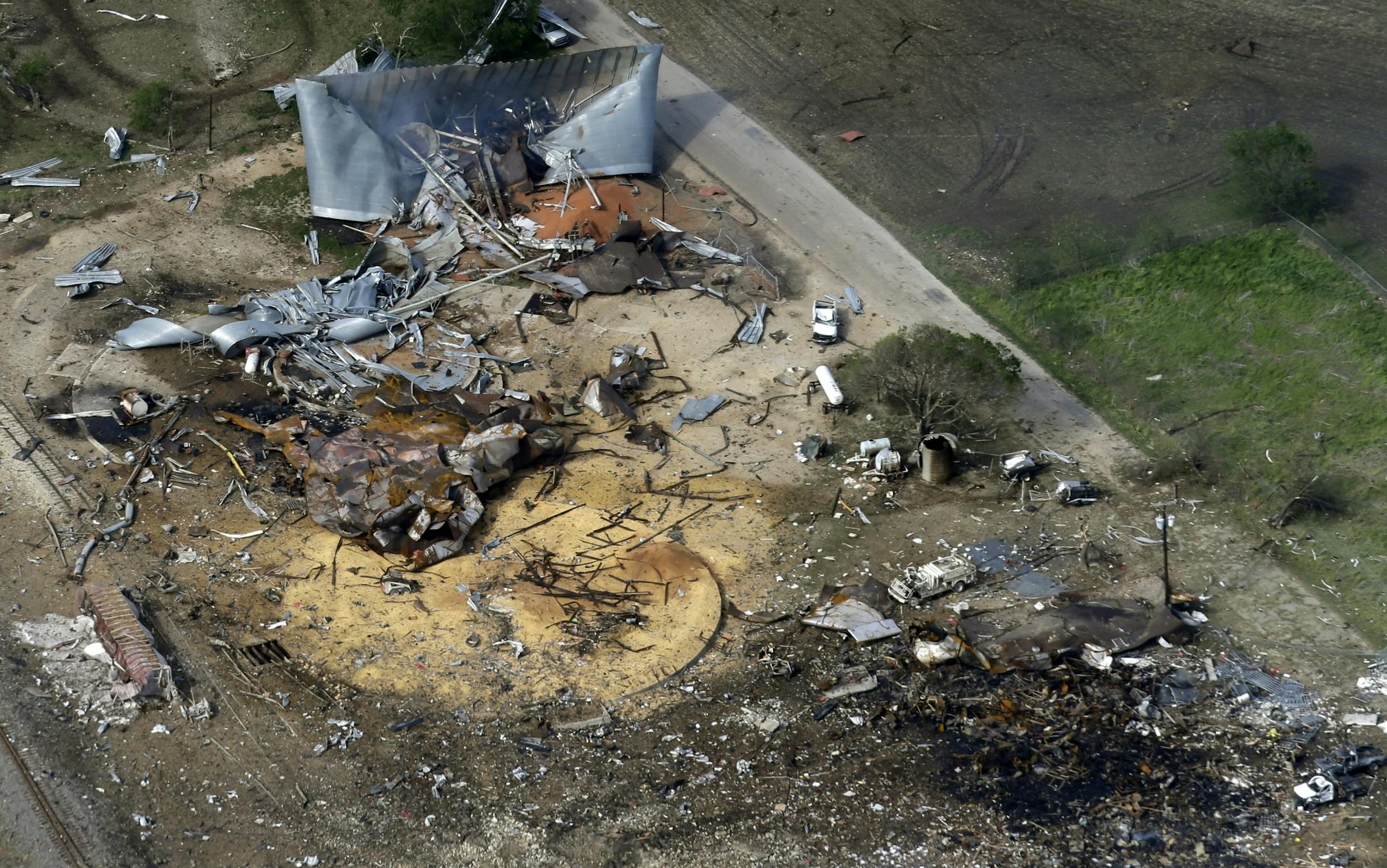 Aerial photo shows the remains of a fertilizer plant destroyed by an explosion in West, Texas on April 13.