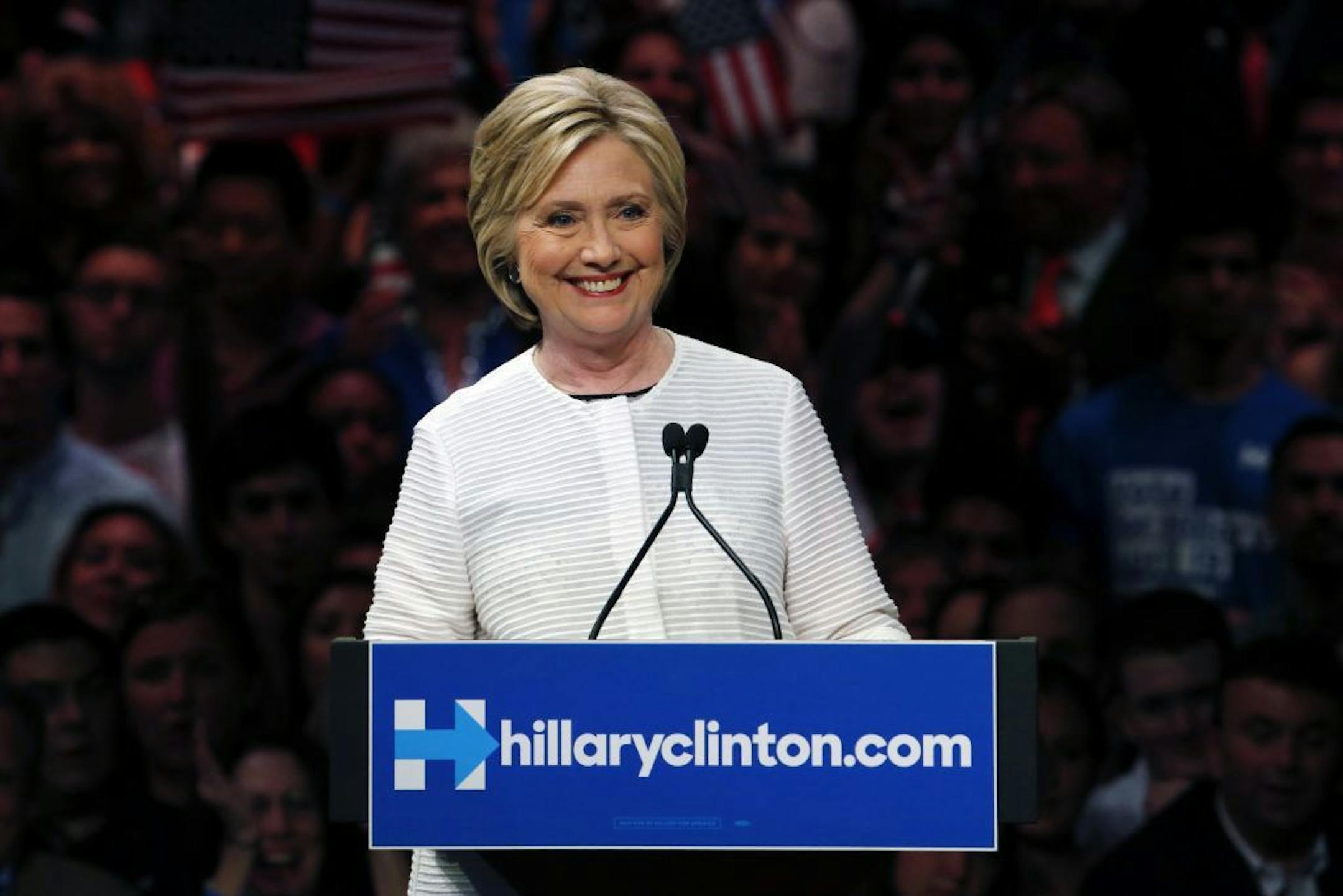 Democratic presidential candidate Hillary Clinton speaks during a presidential primary election night rally, Tuesday, June 7, 2016, in New York.