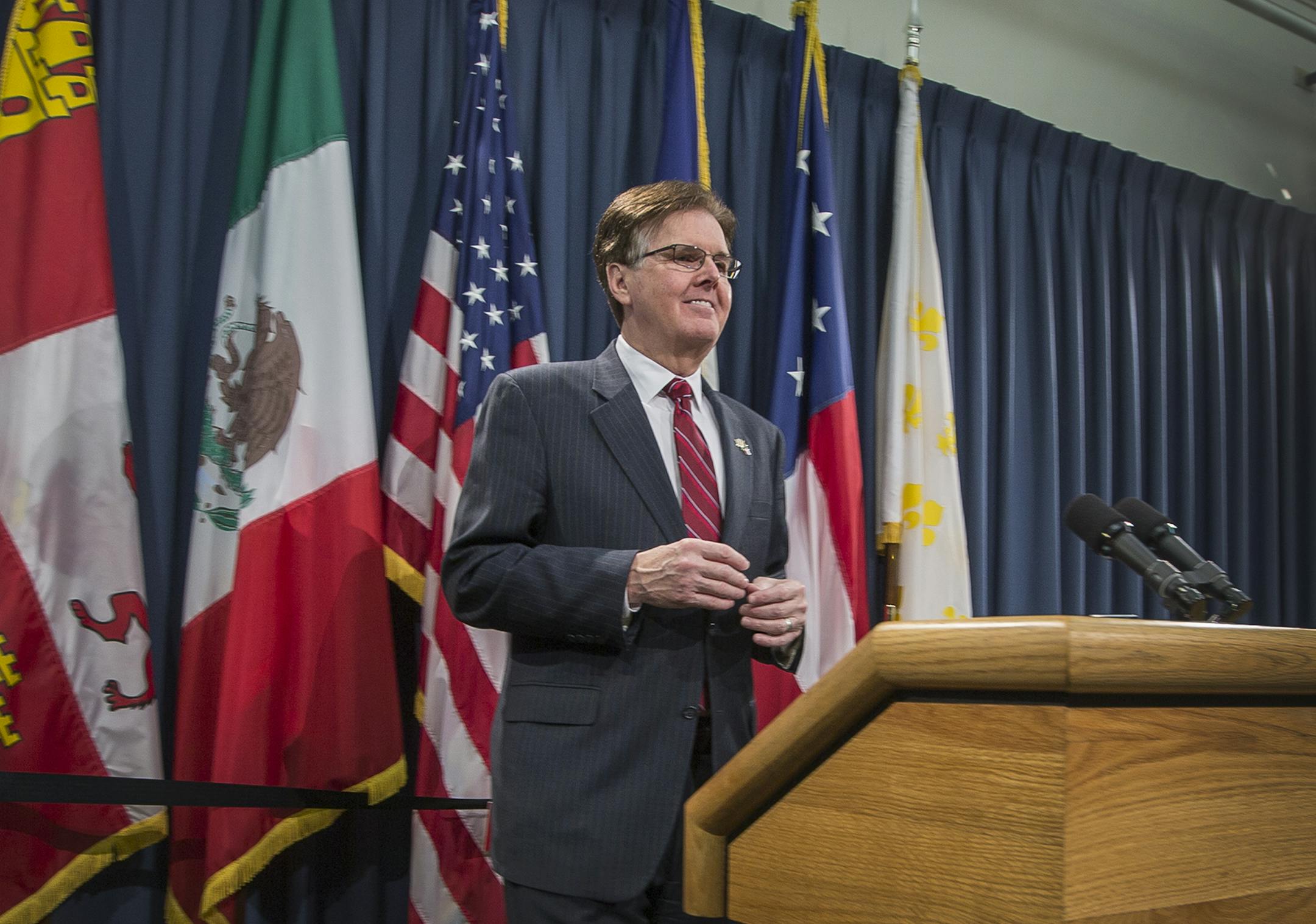 Incoming Lt. Gov. Dan Patrick talks about his vision for the Texas Senate during a news conference at the Texas State Capitol on Thursday, Jan. 8, 2015 in Austin. Patrick said he'll push to scrap a popular 2001 Texas law offering in-state university tuition to the children of people who came to the U.S. illegally. He also pledged to drop funding for the state public integrity unit, which investigates wrongdoing by elected officials, in the next Texas budget. (AP Photo/Austin American-Statesman,