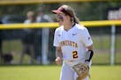Minnesota outfielder Sydney Strelow (2) reacts to a play during an NCAA college softball game against Rutgers on Friday, March 12, 2021, in Leesburg, 