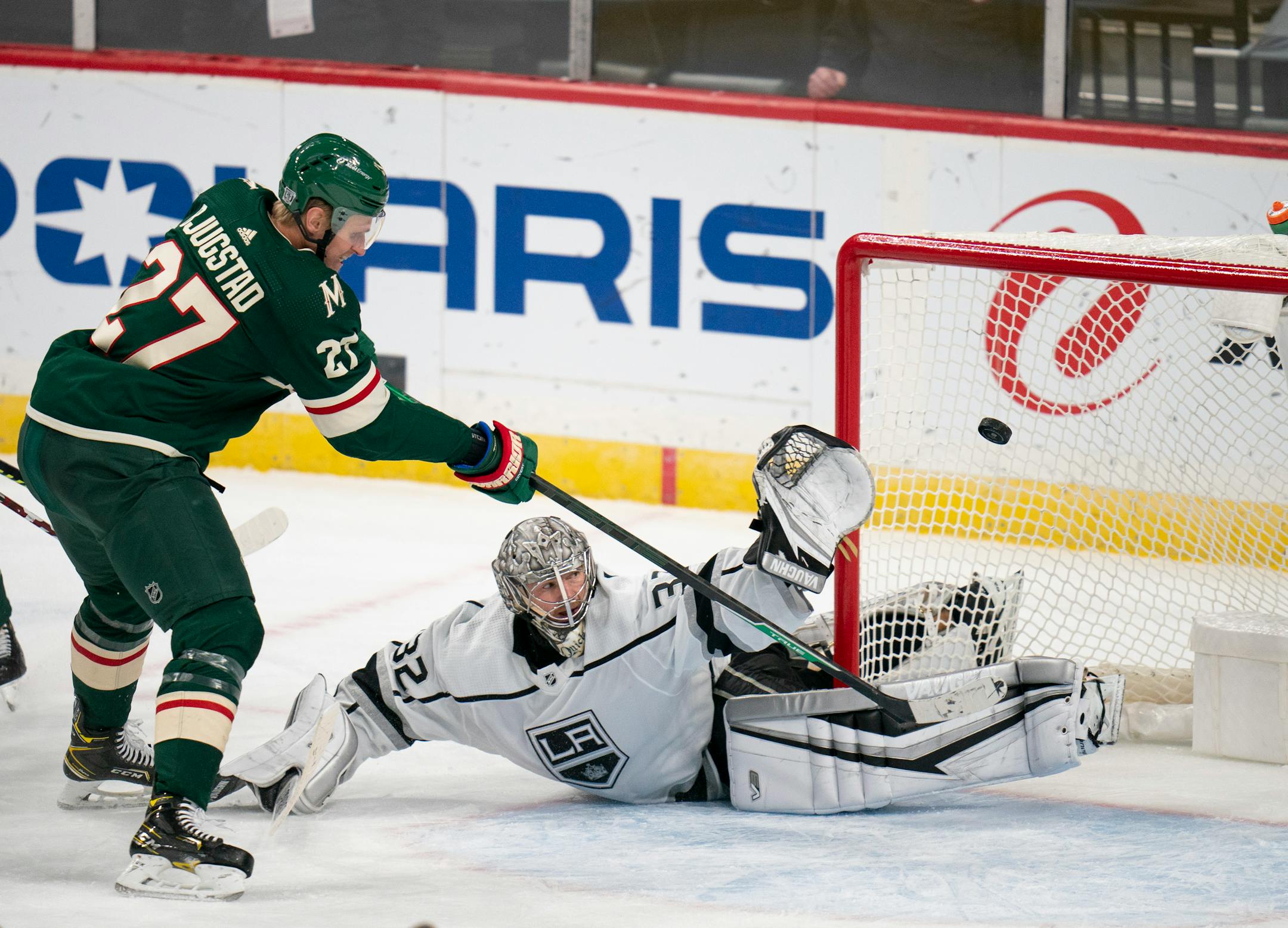Wild center Nick Bjugstad lifted the puck over Los Angeles Kings goaltender Jonathan Quick for a goal on Jan. 28.