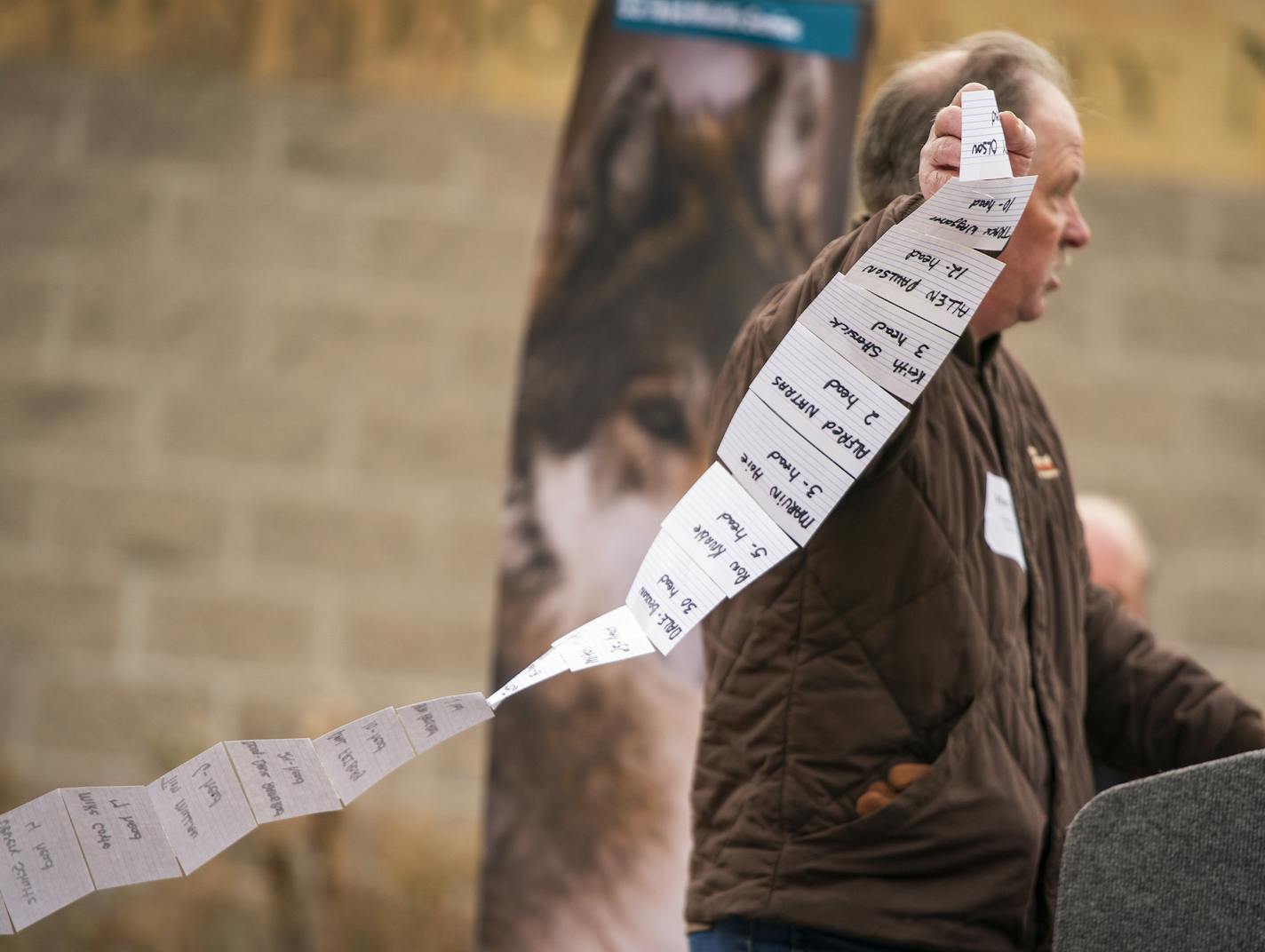 Clearwater County Commissioner Mark Titera held a list of farmers in his county who lost livestock to wolves during an event announcing the delisting of the gray wolf from the Endangered Species Act at the Minnesota Valley National Wildlife Refuge. ] LEILA NAVIDI • leila.navidi@startribune.com BACKGROUND INFORMATION: U.S. Secretary of the Interior David L. Bernhardt announced the delisting of the gray wolf from the Endangered Species Act list during an event at the Minnesota Valley National Wild