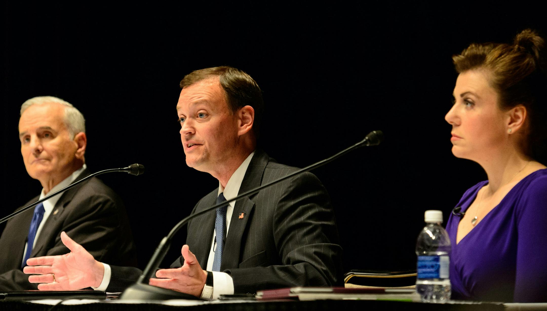 GOP gubernatorial candidate Jeff Johnson, center, made a point during a debate with Gov. Mark Dayton, left, and Independent Party candidate Hannah Nicollet at the Mayo Civic Center in Rochester on Oct. 1.