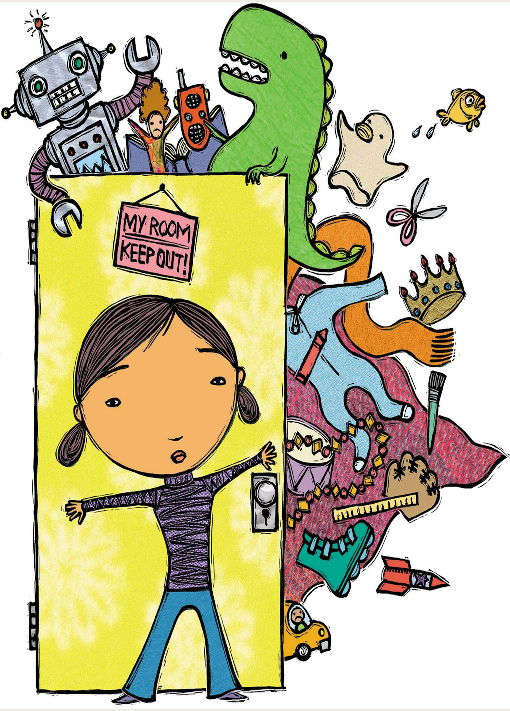 300 dpi 3 col x 8 in / 146x203 mm / 497x691 pixels Michelle Kumata color illustration of girl holding back the clutter of toys, clothes and stuff escaping from behind her bedroom door. The Seattle Times 2003 With FAM-TOYCLUTTER:SE, The Seattle Times by Stephanie Dunnewind <p>
KEYWORDS: toyclutter youth family bedroom kid teen teenage chore stuffed animal cleaning clutter room clean privacy illustration privado adolescente juguete quehaceres familia desorden dormitorio joven ilustracion grabado c