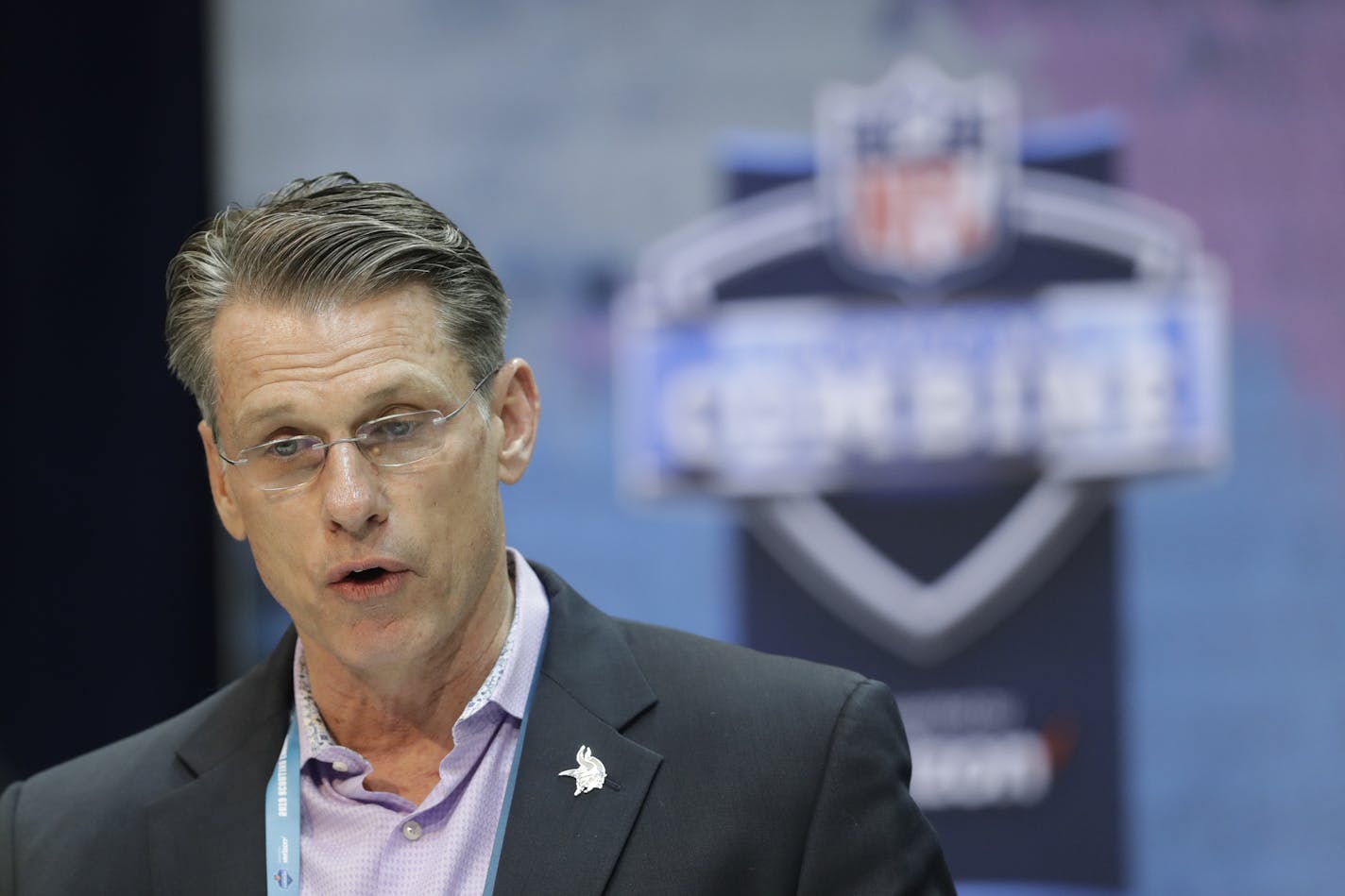 Minnesota Vikings general manager Rick Spielman speaks during a press conference at the NFL football scouting combine, Wednesday, Feb. 27, 2019, in Indianapolis. (AP Photo/Darron Cummings)