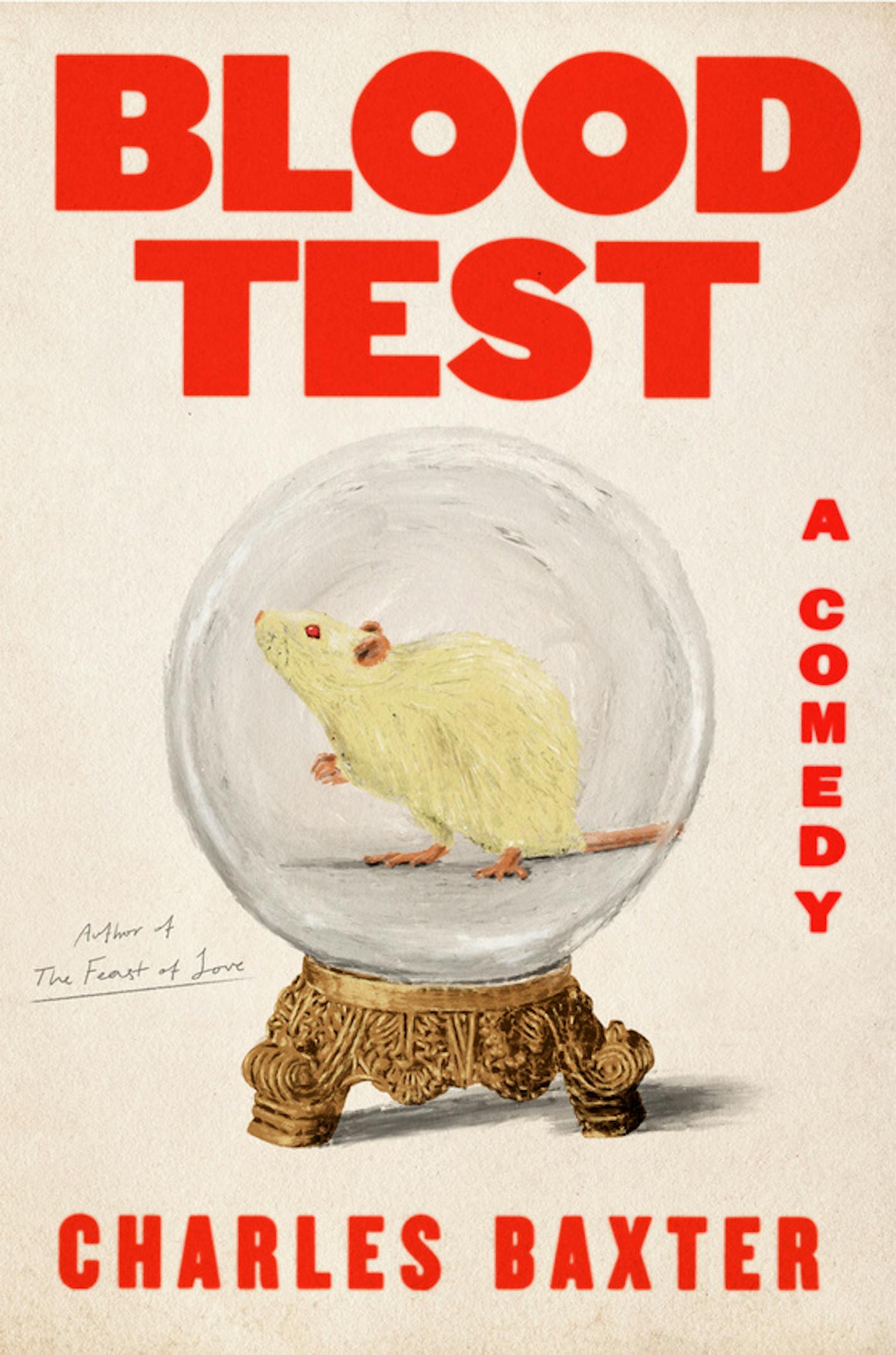 cover of Blood Test is an illustration that depicts a white mouse in a snowglobe