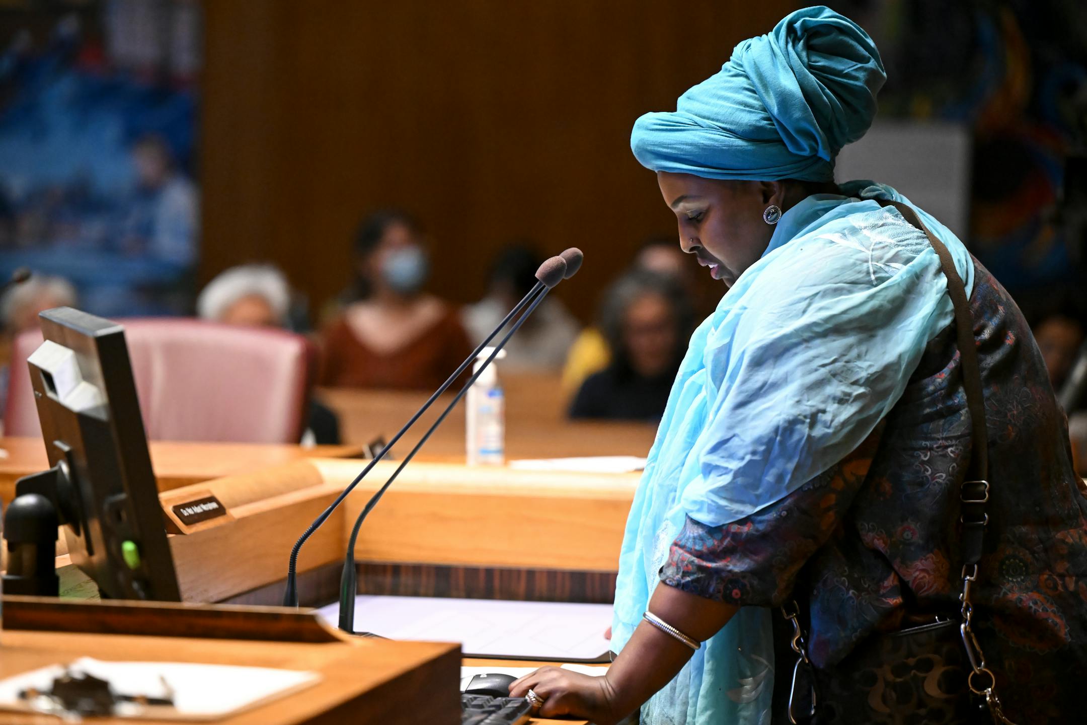 Nazra Ahmed, of Ward 1, speaks against a package of amendments to the St. Paul rent control laws during a city council meeting.
