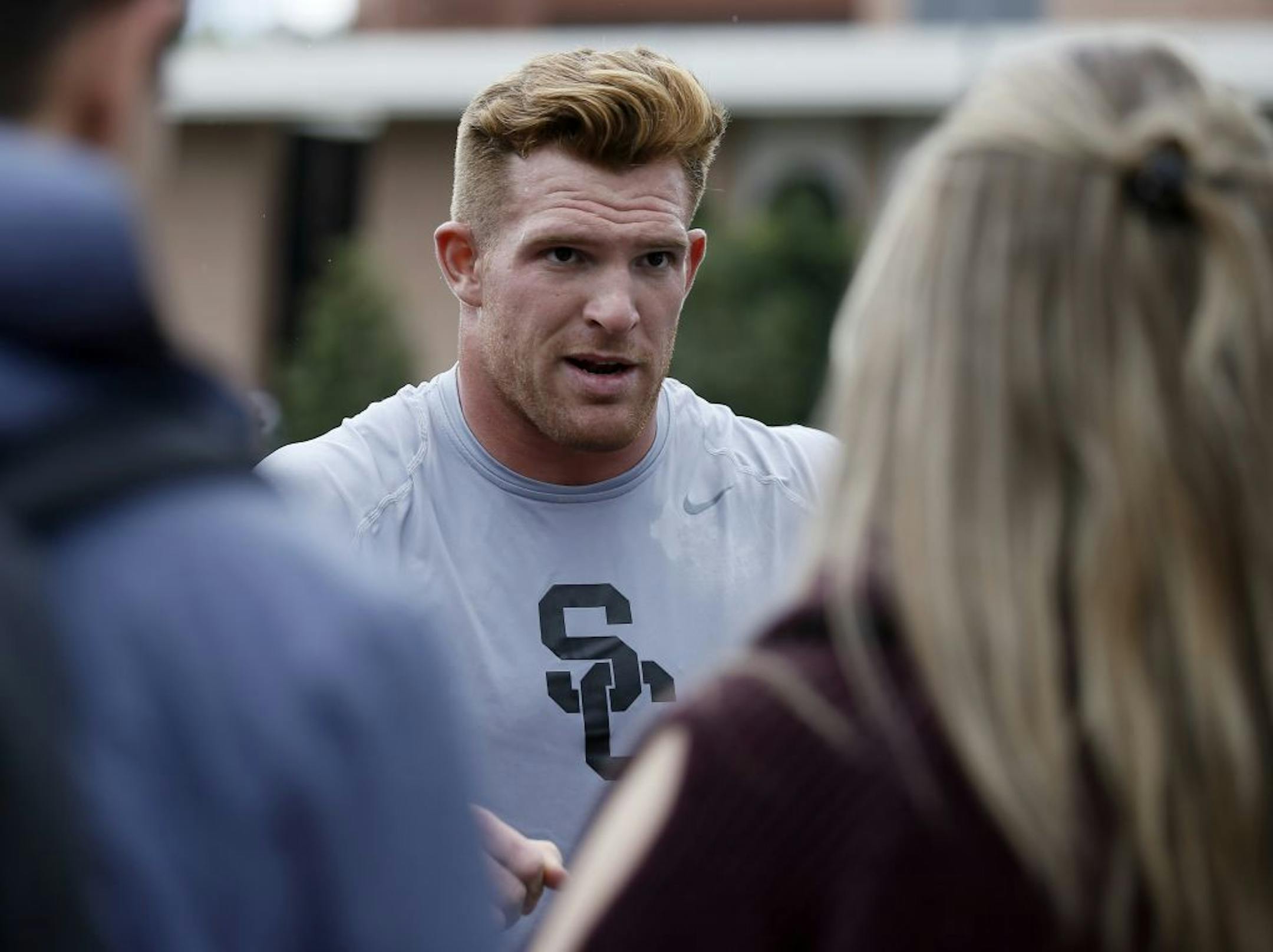 Southern California linebacker Cameron Smith talks to the media during USC Pro Day, Wednesday, March 19, 2019, in Los Angeles. The Pro Day is intended to showcase talent to NFL scouts for the upcoming draft.