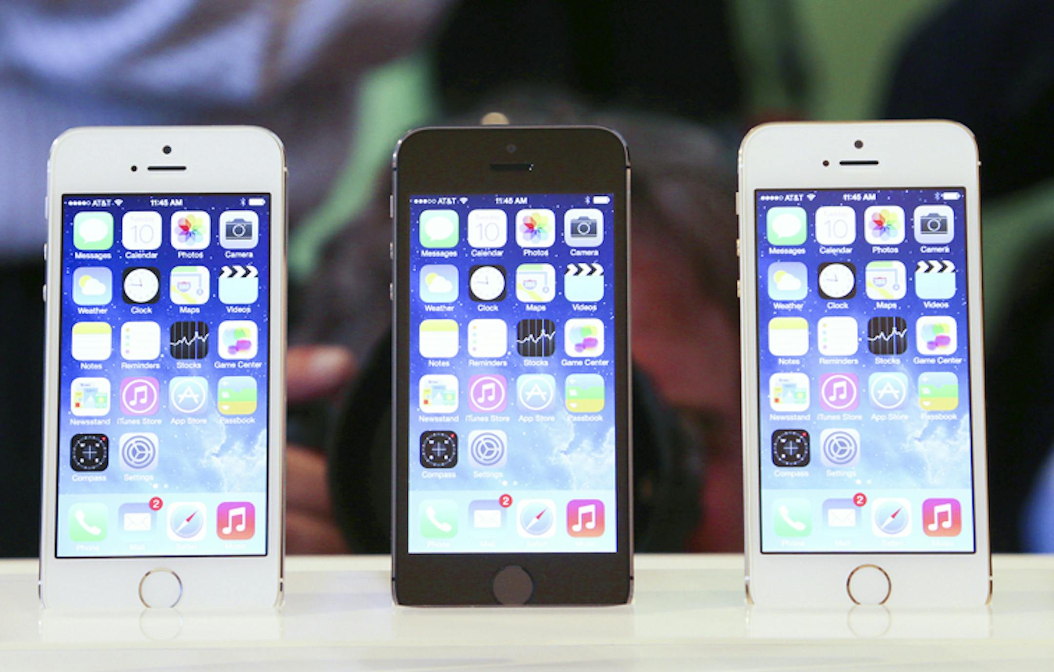 iPhone 5Ss during Apple's product release event in Cupertino, Calif., Sept. 10, 2013. The two new phones announced at the event, the 5S and C models, are not exactly innovative, but they look good and the software is more efficient to navigate.