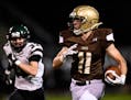 Trailed by Park Defensive back AJ Morrison (33),Apple Valley wide receiver Luke Martens (11) ran for a touchdown after making a pass reception in the 