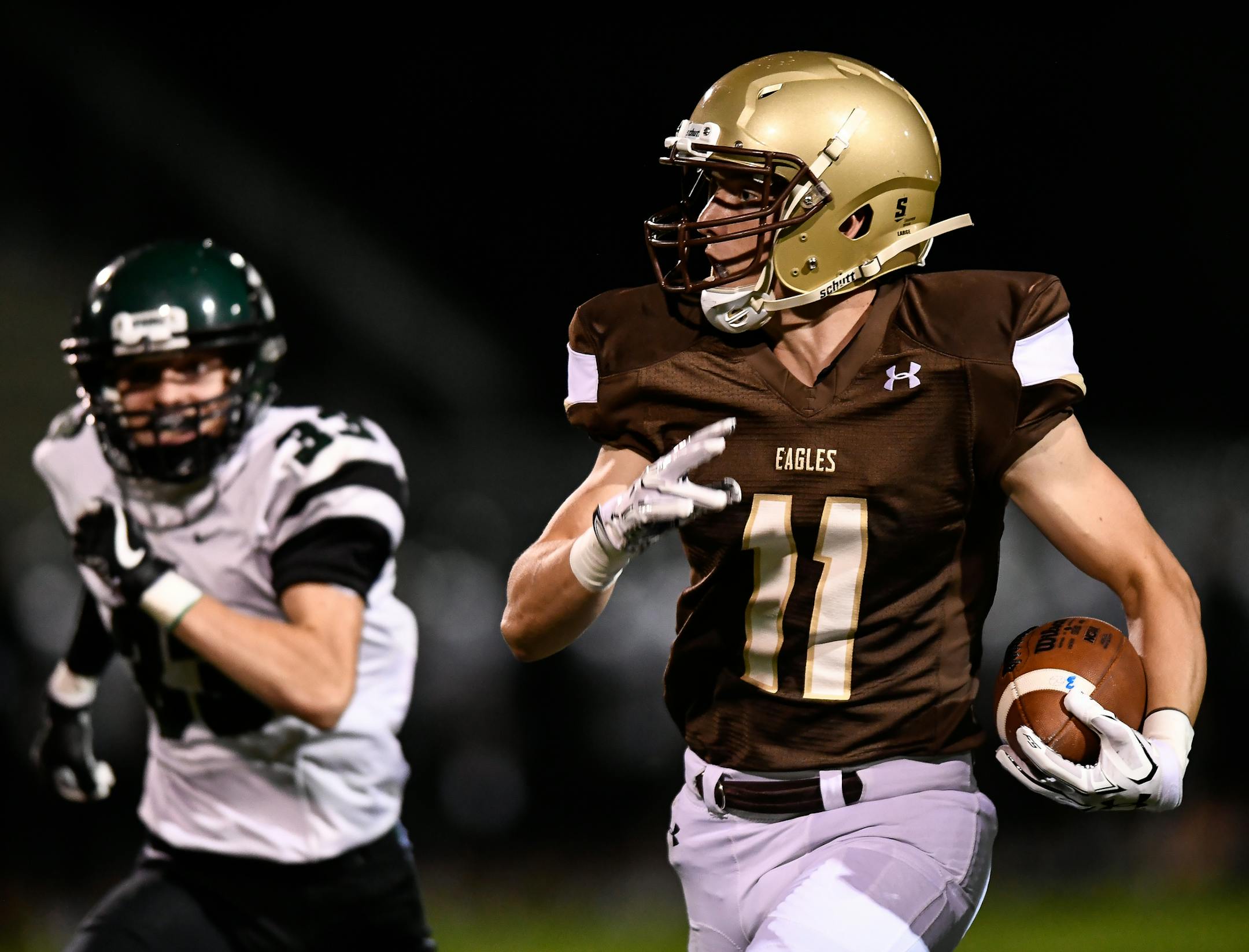 Trailed by Park Defensive back AJ Morrison (33),Apple Valley wide receiver Luke Martens (11) ran for a touchdown after making a pass reception in the third quarter. ] AARON LAVINSKY ï aaron.lavinsky@startribune.com Park of Cottage Grove played Apple Valley in a football game on Friday, Sept. 22, 2017 at Apple Valley High School.