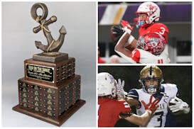 The Anchor trophy awaits the winner Friday between Orono and Mound Westonka. Elsewhere, Jalen Smith (3, top right) and Mankato West take on Maxwell Wo