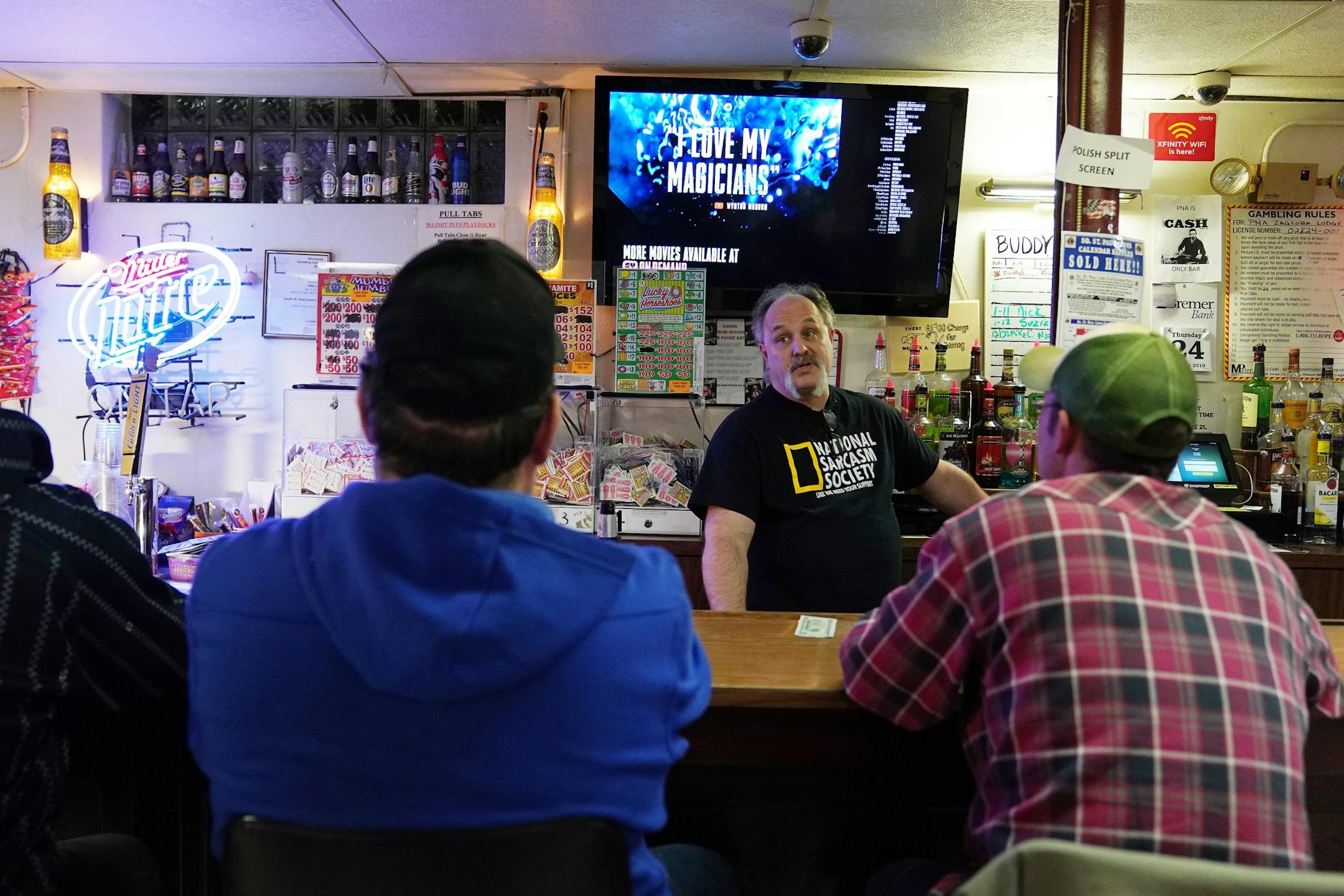 Bartender and and the National Polish Alliance outpost president Lonnie Finke talked with regulars during a quiet Thursday night.