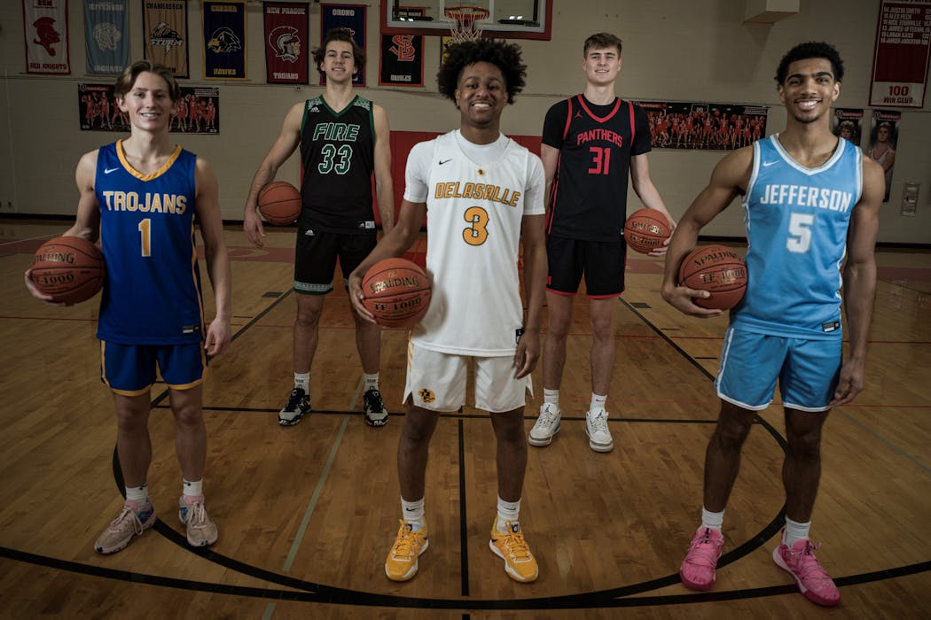 The Star Tribune All-Metro boys basketball first team, from left: Hayden Tibbits of Wayzata, Boden Kapke of Holy Family, Nasir Whitlock of DeLaSalle, Nolan Winter of Lakeville North and Daniel Freitag of Bloomington Jefferson.