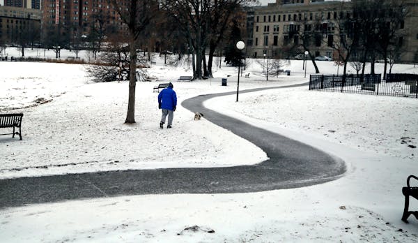 A man and his dog make their way along an ice-covered trail in Loring Park Tuesday, Feb. 10, 2015 in Minneapolis, MN.](DAVID JOLES/STARTRIBUNE)djoles@
