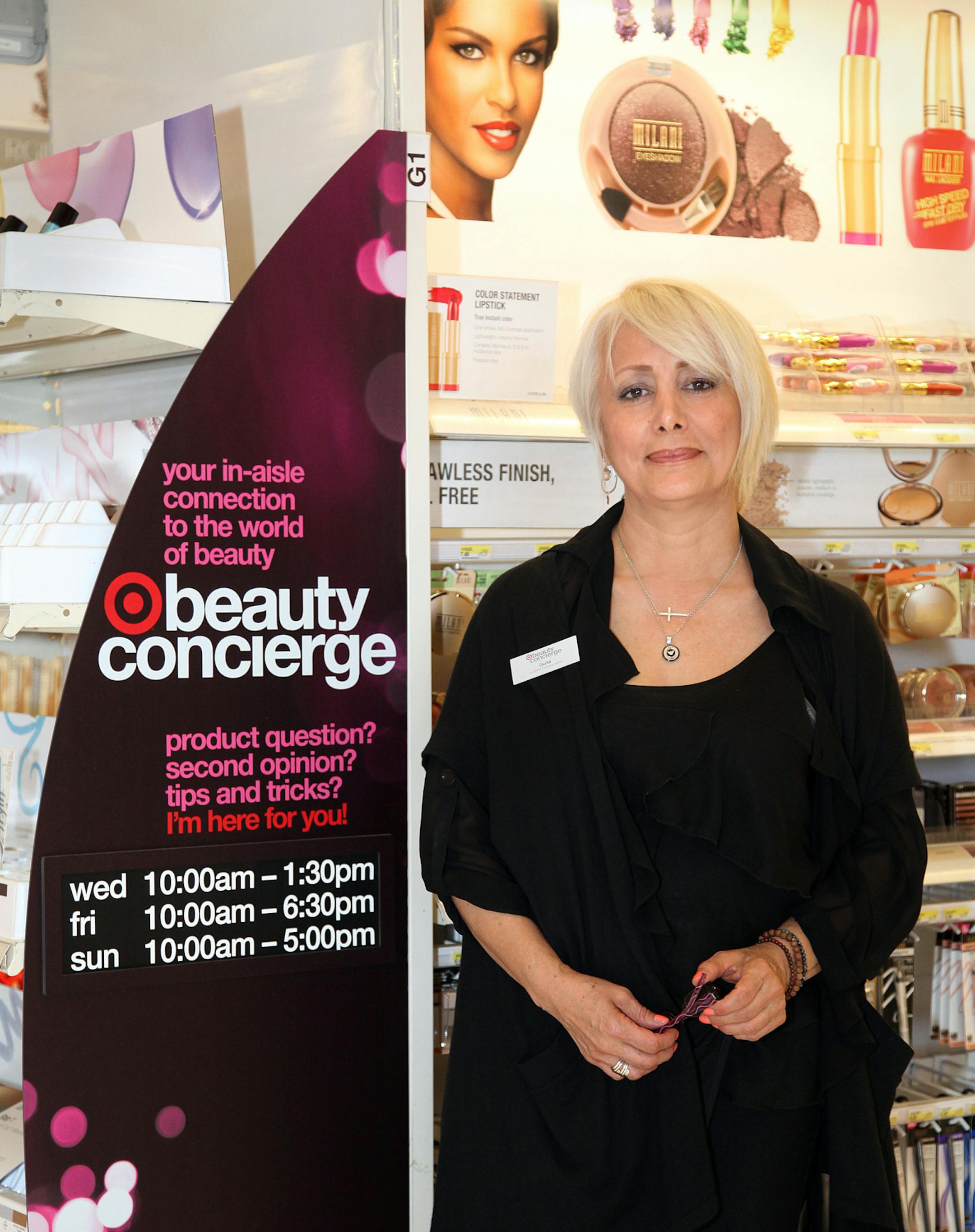 Guita Afzali is the Beauty Concierge at the Costa Mesa Target store on Harbor Boulevard. So far she is there limited hours three days per week. ///ADDITIONAL INFORMATION: Chas Metivier, For the Register - 05/26/13 -cu.driveabout.0527 For the weekly Driveabout column in The Current. Target stores is starting a new beauty concierge service for customers, kicking off on 5/24 in a coordinated event at 96 stores in Orange County and Los Angeles County , including the Target store in Costa Mesa.
