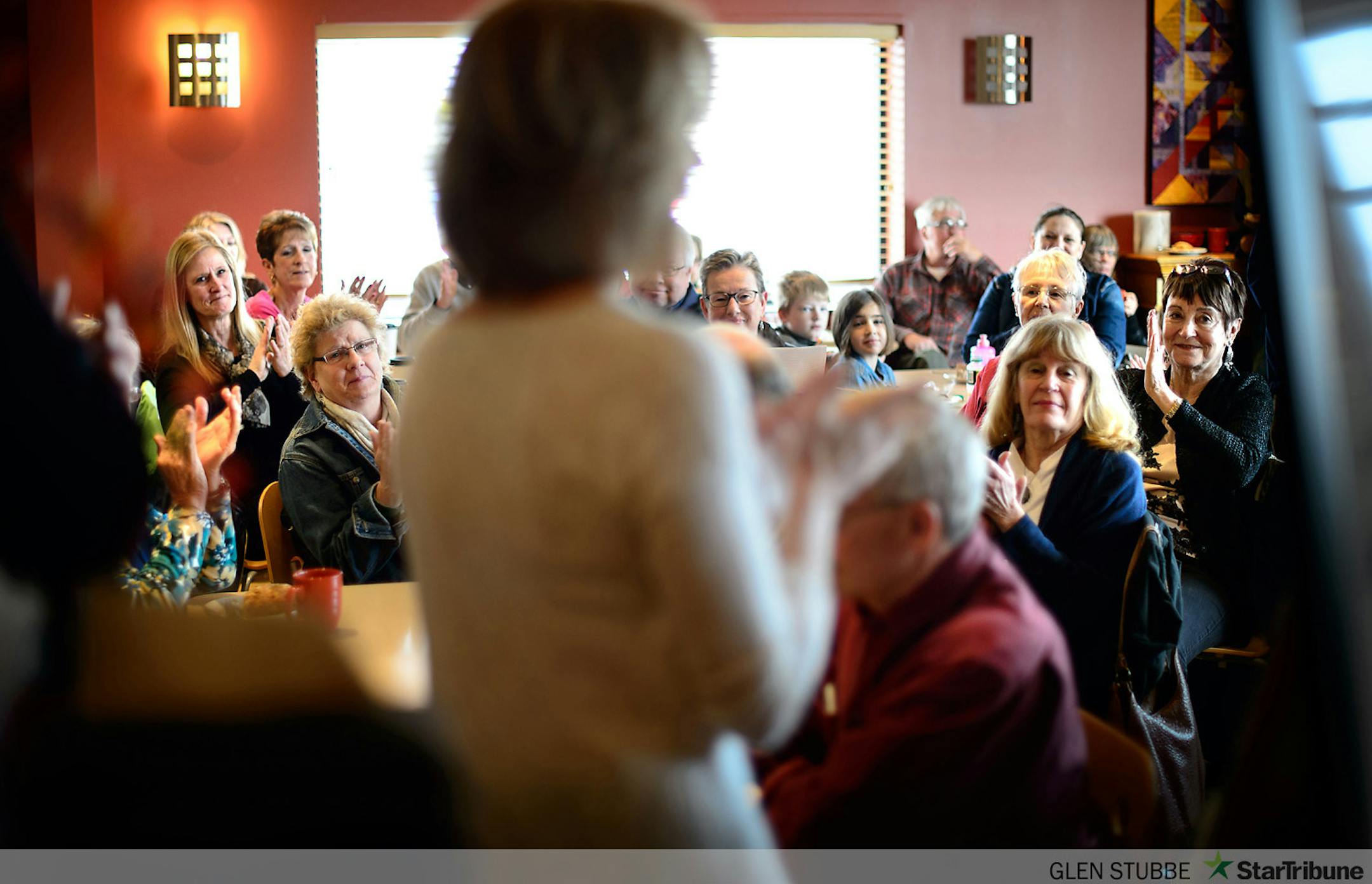 Lt. Governor candidate and Mark Dayton's running mate Tina Smith visited with supporters and patrons at Dierdre's Coffee, Willmar, MN.  Governor Dayton is recovering from hip surgery and is unable to campaign for now.          ]   GLEN STUBBE * gstubbe@startribune.com   Saturday, April 12, 2014
