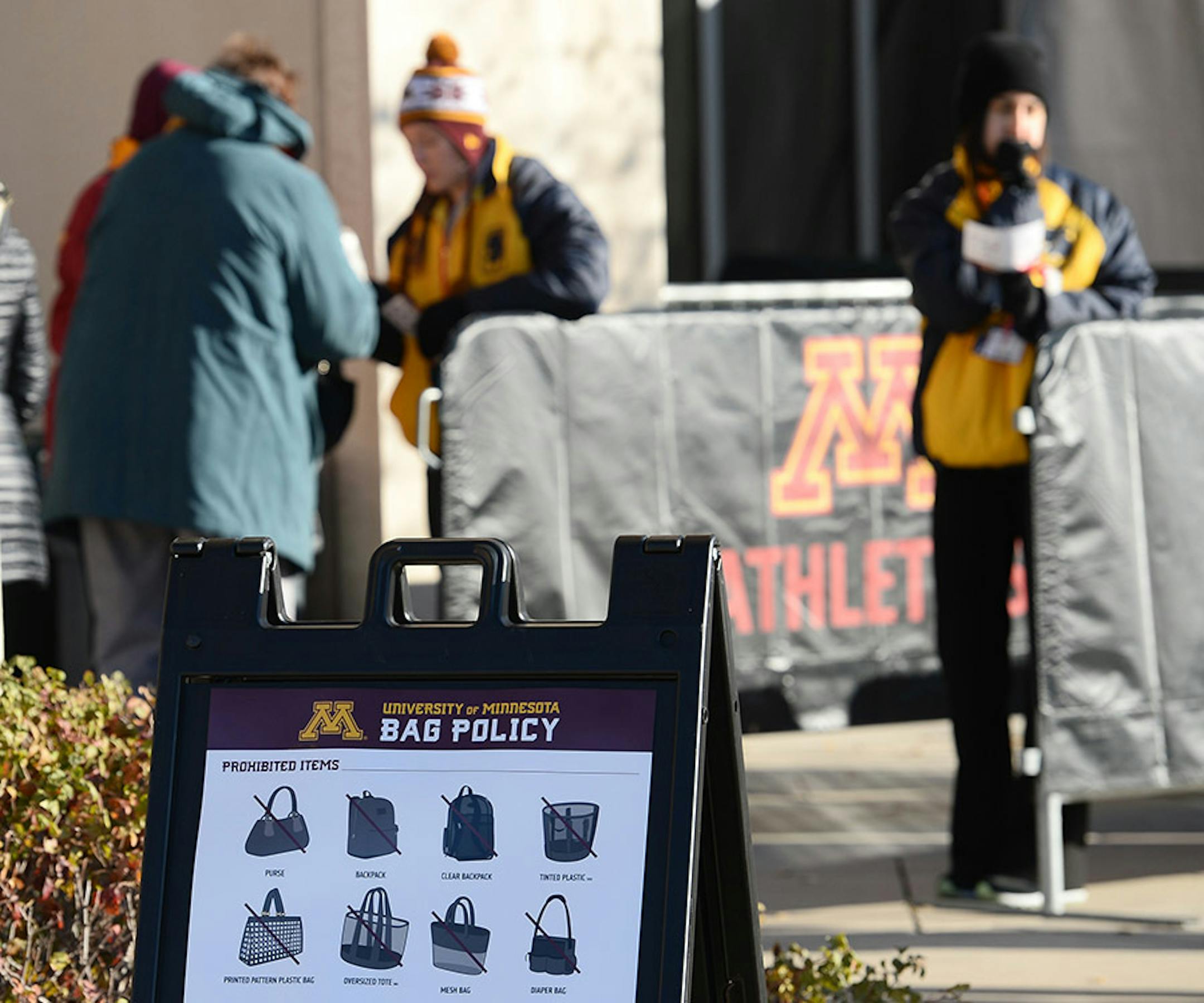 A sign explaining the University of Minnesota's game day bag policy, which prohibits backpacks, purses, and anything not see through as a result of recent terrorist attacks, was on display outside the gates at TCF Bank Stadium before Saturday's game against Illinois.