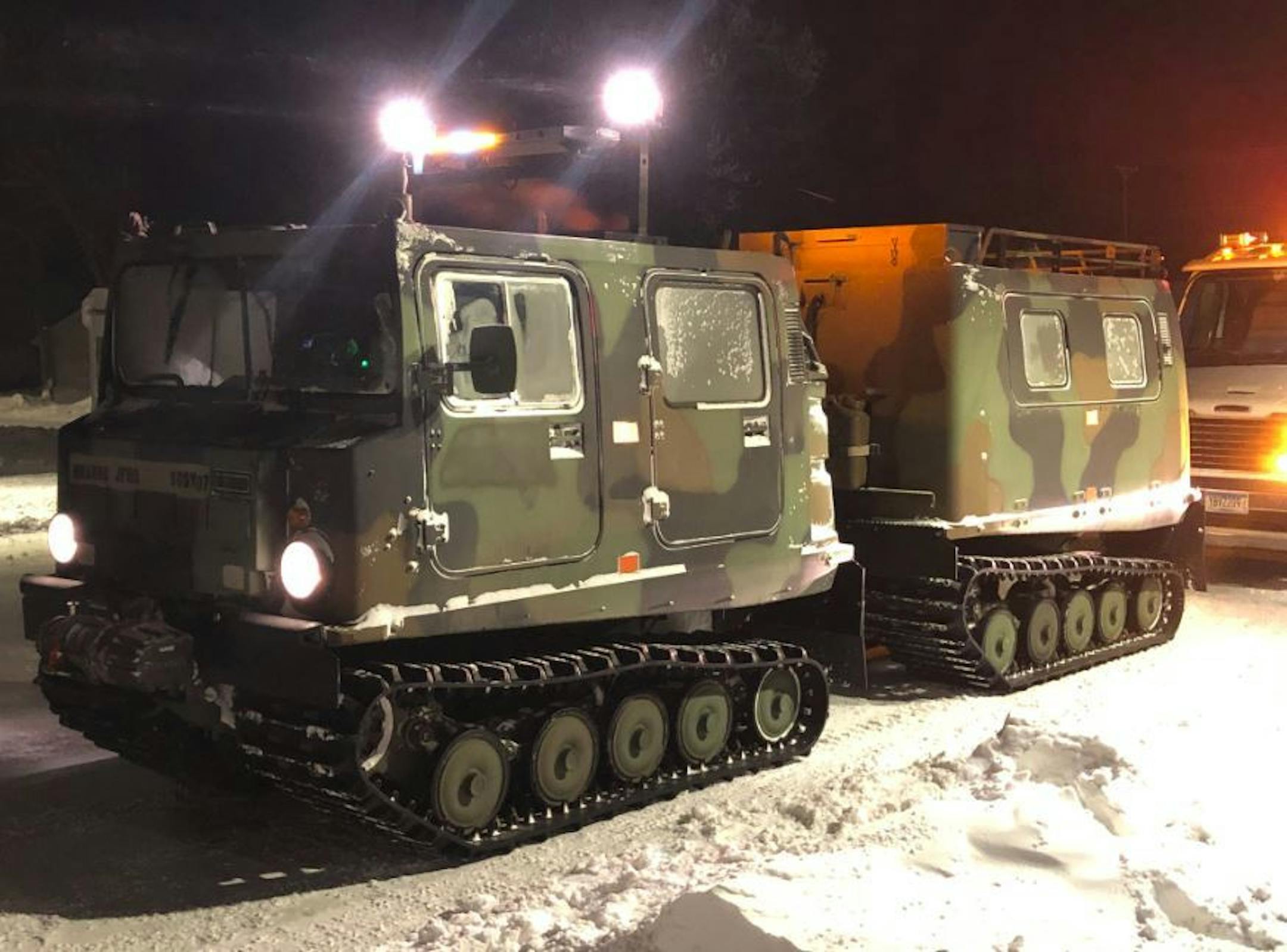 This military Small Unit Support Vehicle was deployed to rescue four college students and other motorists struggling in snow drifts of up to 6 feet in Renville County overnight Thursday.