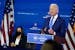 President-elect Joe Biden speaks as Vice President-elect Kamala Harris listens at left, during an event to introduce their nominees and appointees to 