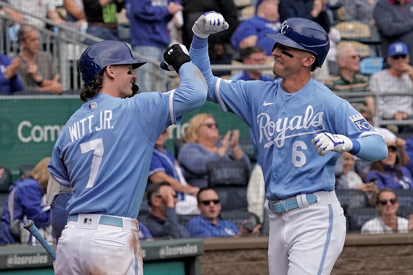 Drew Waters (6) celebrates with Bobby Witt Jr. after hitting a solo home run during the fifth inning against the Twins Thursday as part of a three-game sweep.