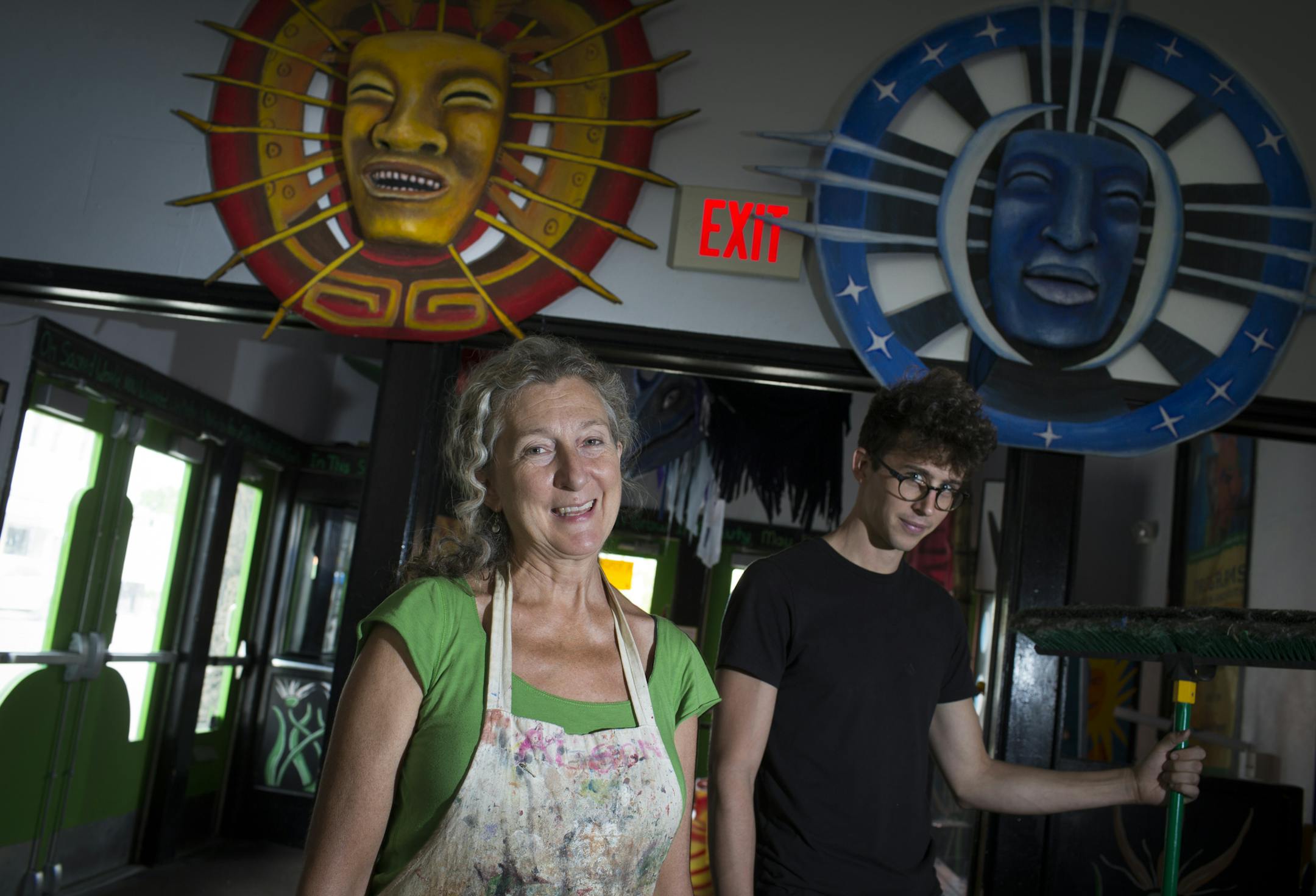 Heart of the Beast artistic director Sandy Spieler posed for a picture with Steve Ackerman, the facilities coordinator and tech director who has been put on temporary furlough because of the Heart of the Beast's financial crisis on Thursday, August 21, 2014 in Minneapolis, Minn. ] RENEE JONES SCHNEIDER ‚Ä¢ reneejones@startribune.com