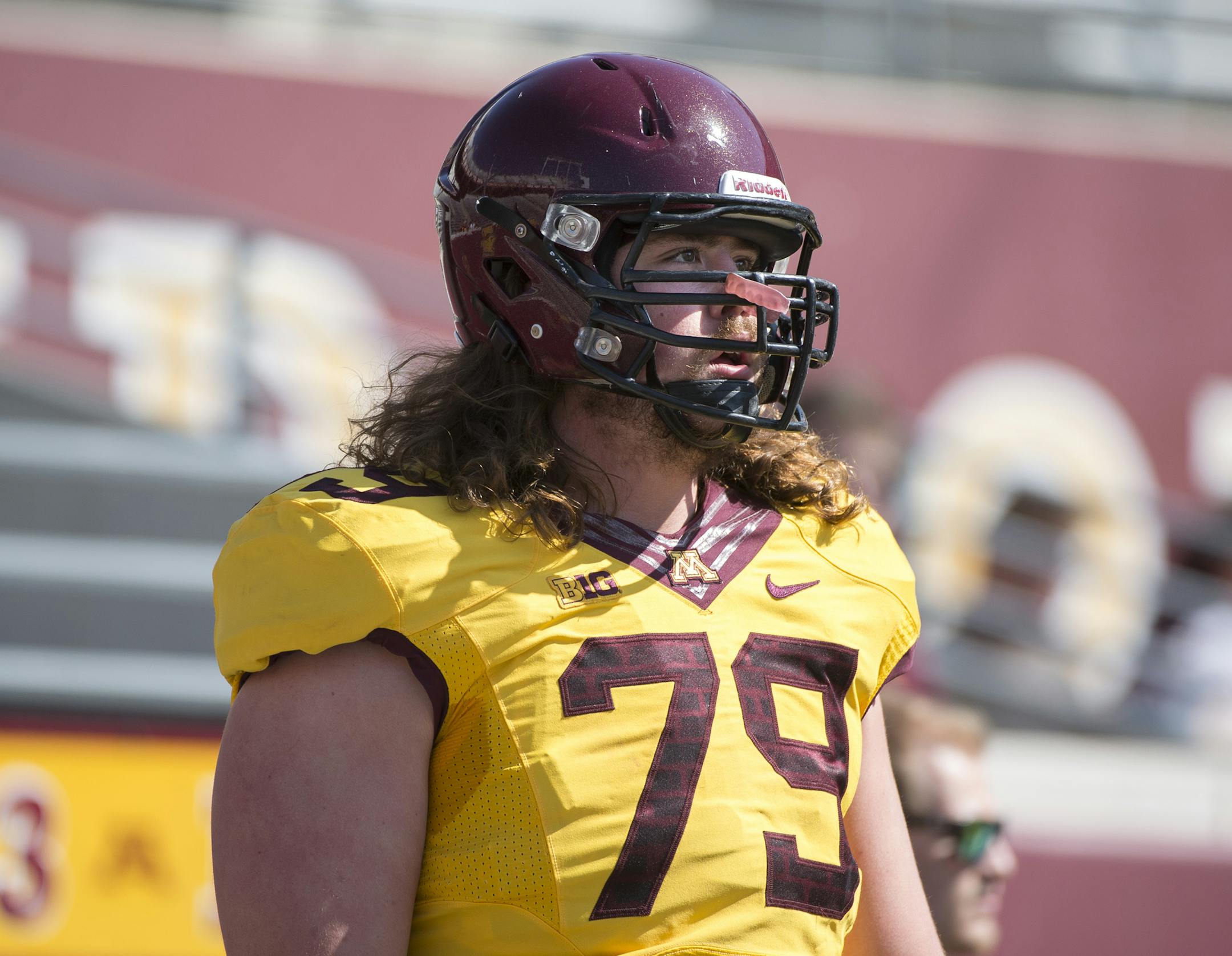University of Minnesota offensive lineman Jonah Pirsig looks during warmups before Saturday's spring game. ] (Aaron Lavinsky | StarTribune) aaron.lavinsky@startribune.com The University of Minnesota football team participates in its annual spring game on Saturday, April 11, 2015 at TCF Bank Stadium in Minneapolis. ORG XMIT: MIN1504111833270537