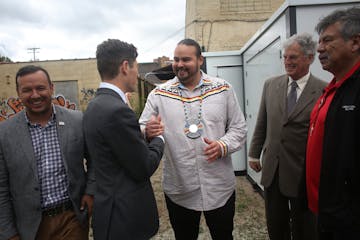 Sam Strong, secretary of the Red Lake Nation, shook hands with Minneapolis Mayor Jacob Frey last week after announcing that the Red Lake tribe would b