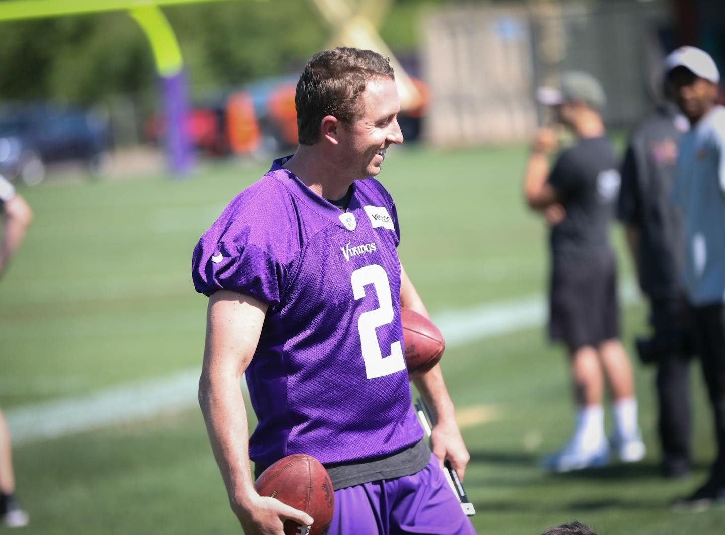 Kicker Kai Forbath (2) during practice at Winter Park in Eden Prairie