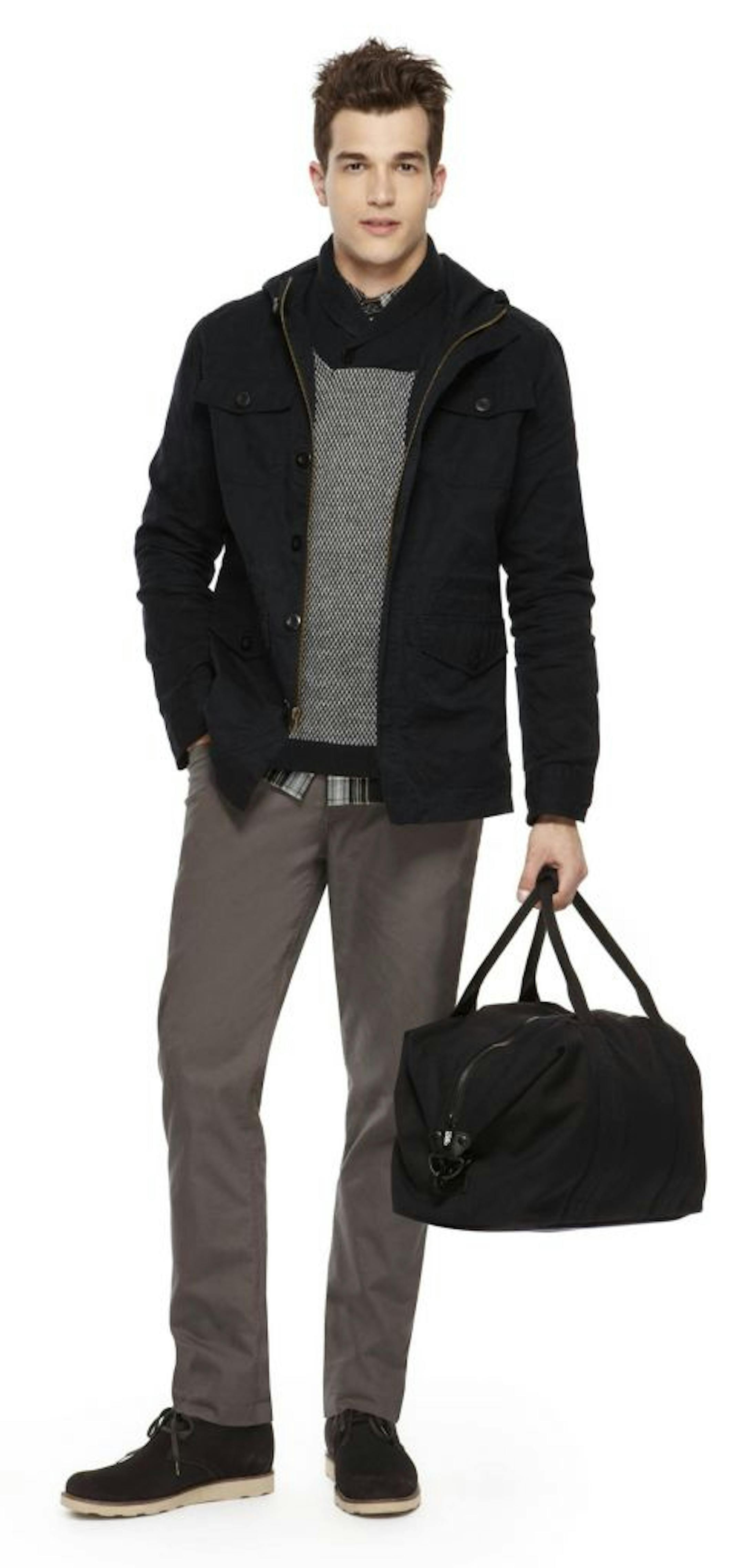 Odin for the Shops at Target. Hooded Parka in Navy, $69.99 Shawl Collar Sweater in Navy/Gray, $34.99 Flannel Shirt in Black Plaid, $29.99 Canvas Pant in Gray, $34.99 Desert Boot in Charcoal, $44.99 Duffle Bag in Black, $39.99