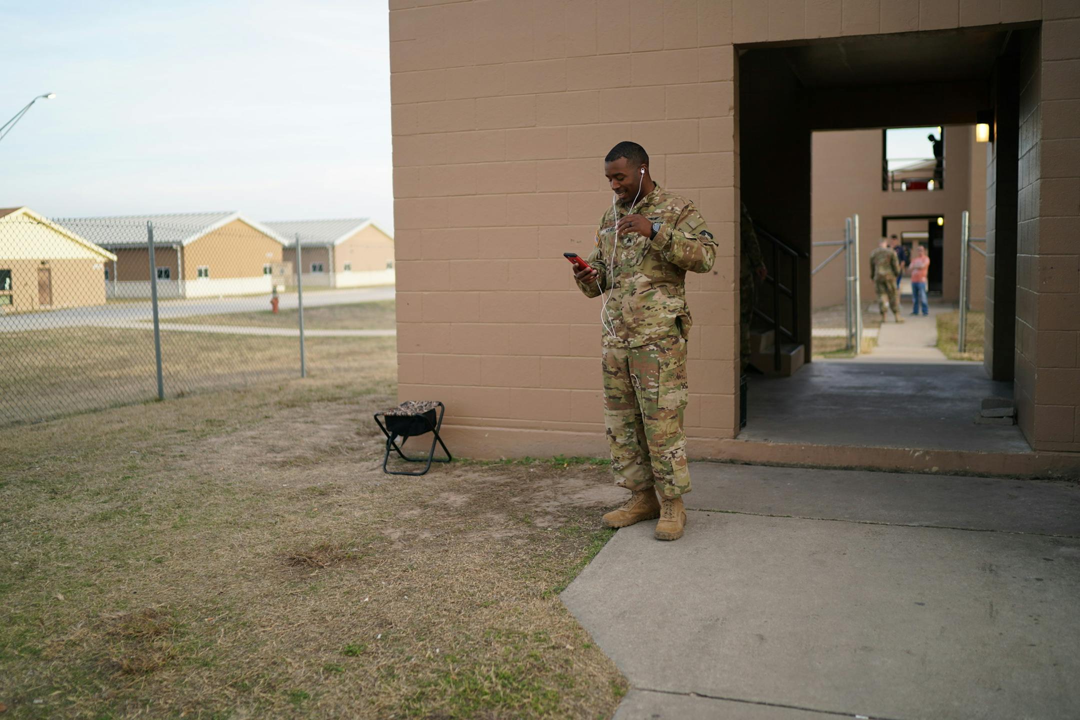 Deonte Haynes chatted over FaceTime with his family outside his bunk house in the evening in Fort Hood, Texas on Sunday, December 8, 2019. ] RENEE JONES SCHNEIDER &#xa5; renee.jones@startribune.com