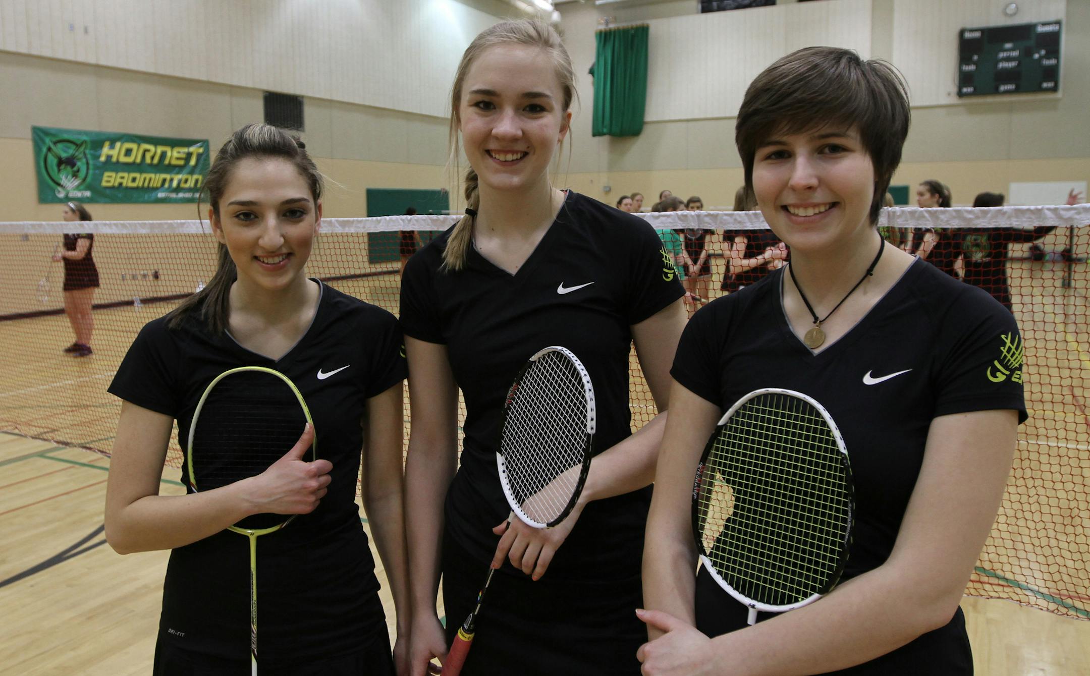 (left to right) Edina badminton captians Jane Bro, Eliza Thompson and Nathalie Manker, photographed 3/28/13.] Bruce Bisping/Star Tribune bbisping@startribune.com Jane Bro, Eliza Thompson, Nathalie Manker/source.