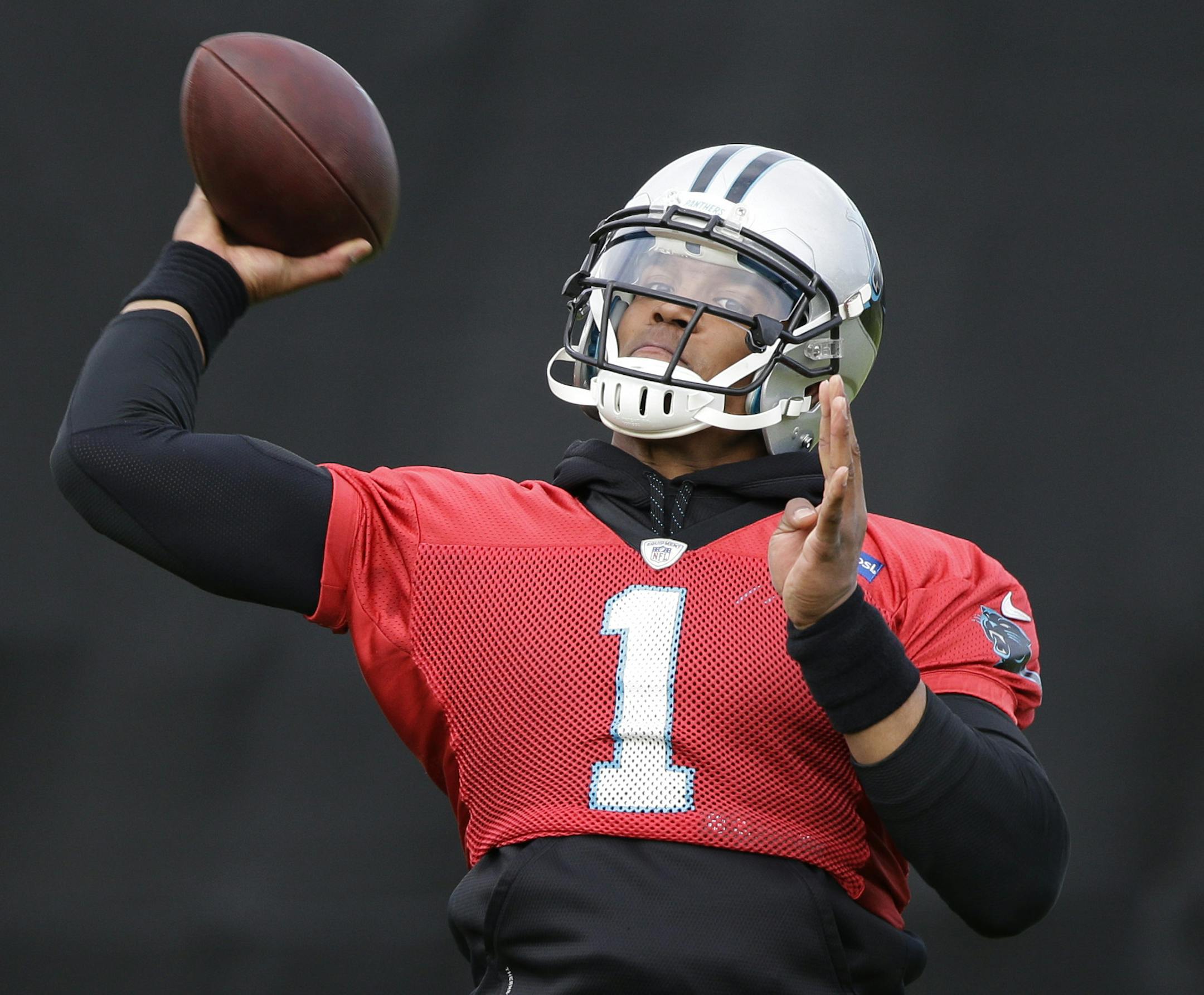 Carolina Panthers quarterback Cam Newton (1) during practice Wednesday, Feb. 3, 2016 in San Jose, Calif. Carolina plays the Denver Broncos in the NFL Super Bowl 50 football game Sunday, Feb. 7, 2015, in Santa Clara, Calif. (AP Photo/Marcio Jose Sanchez)