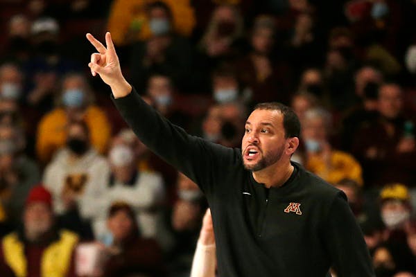Gophers coach Ben Johnson called a play during a  68-67 loss to Wisconsin last season on Feb. 23, 2022, at Williams Arena.